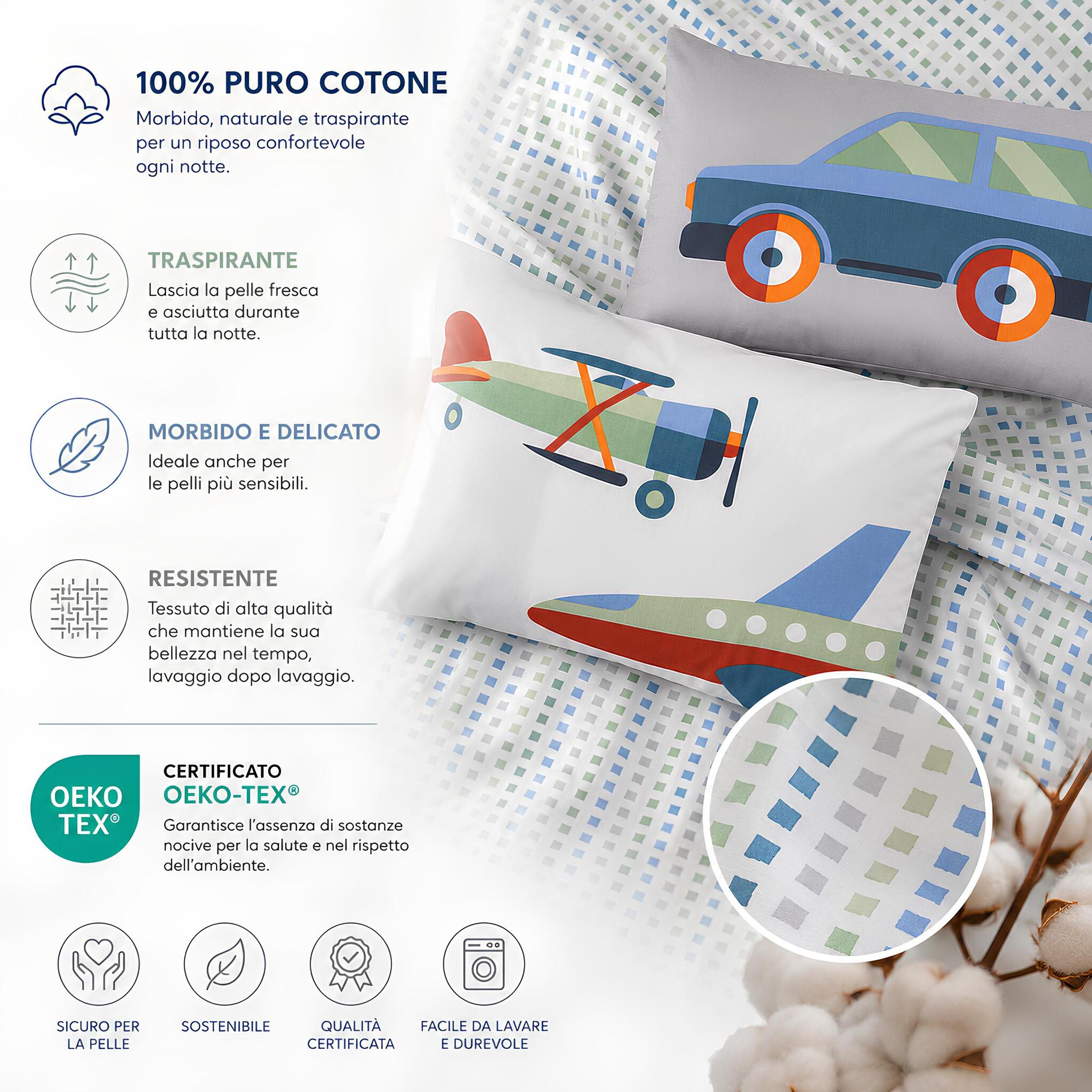 Infografica caratteristiche completo lenzuola Caleffi Toys in 100% cotone certificato Oeko-Tex