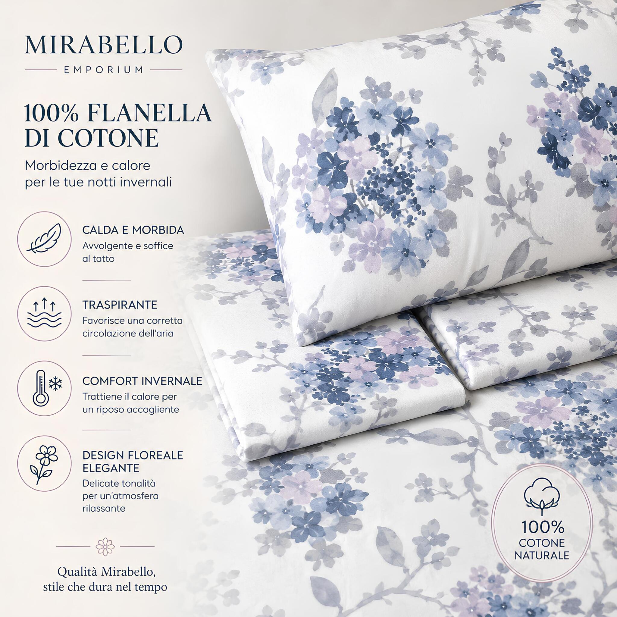 Caratteristiche del completo lenzuola matrimoniale Mirabello Hydra azzurro in flanella 100% cotone