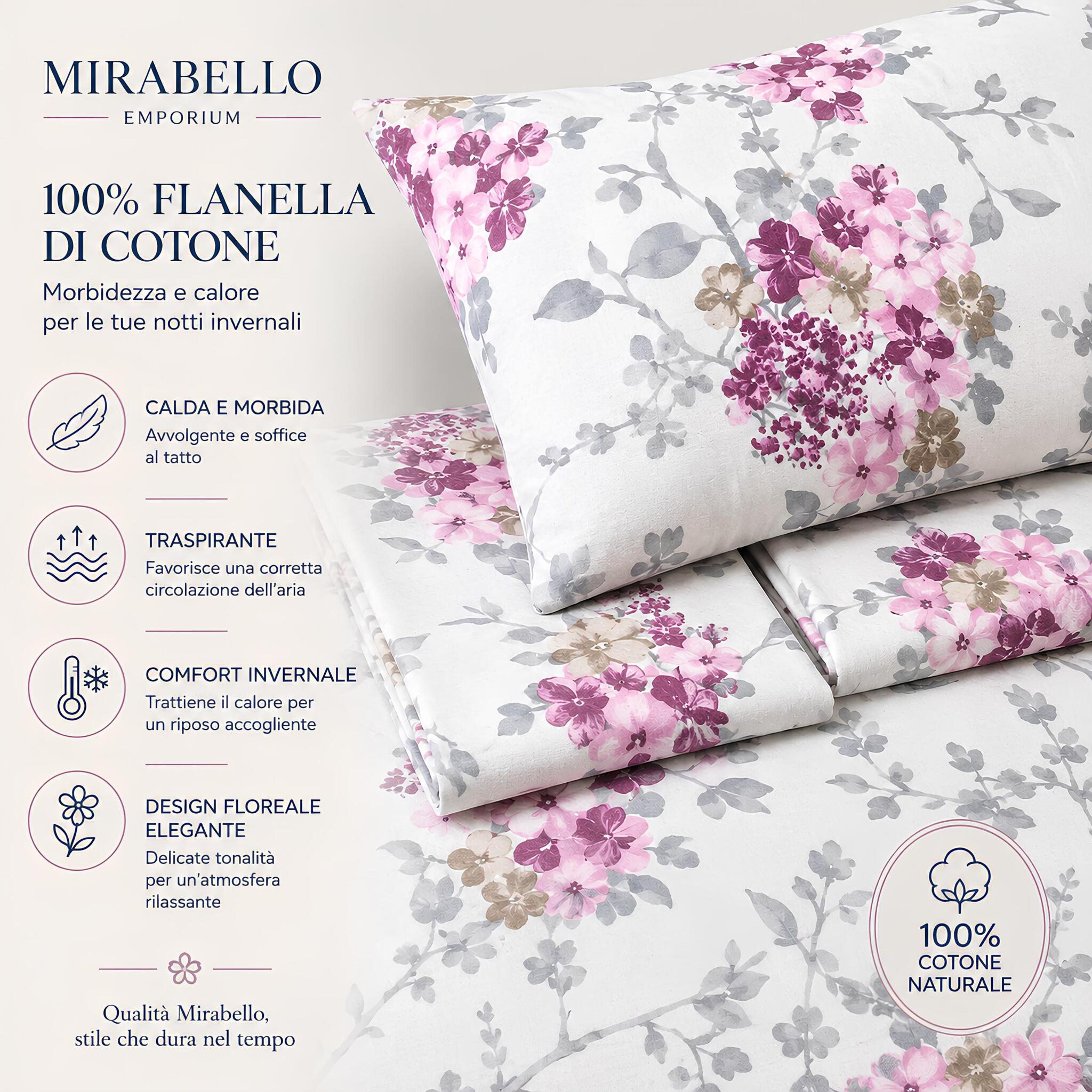 Caratteristiche del completo lenzuola matrimoniale Mirabello Hydra rosa in flanella 100% cotone