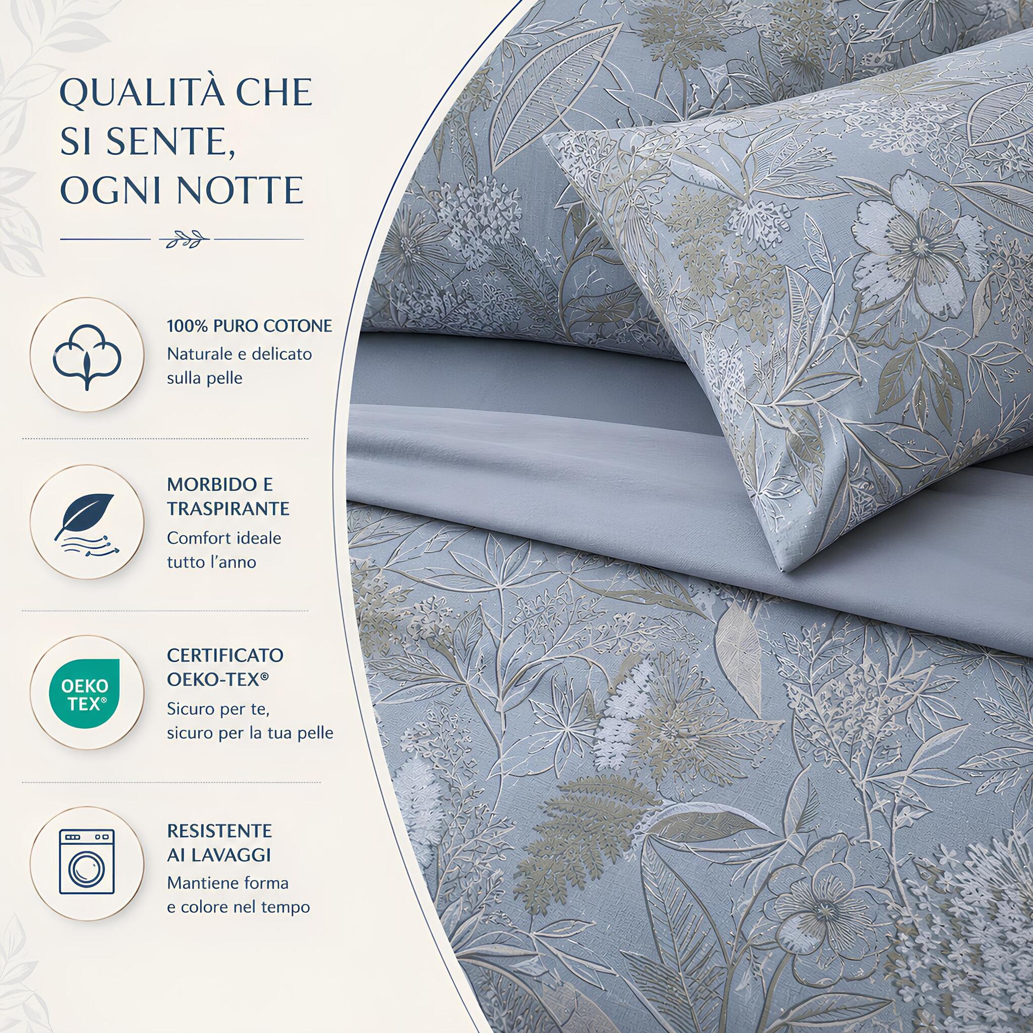 Caratteristiche del completo lenzuola matrimoniale Bassetti Aster in 100% cotone certificato OEKO-TEX