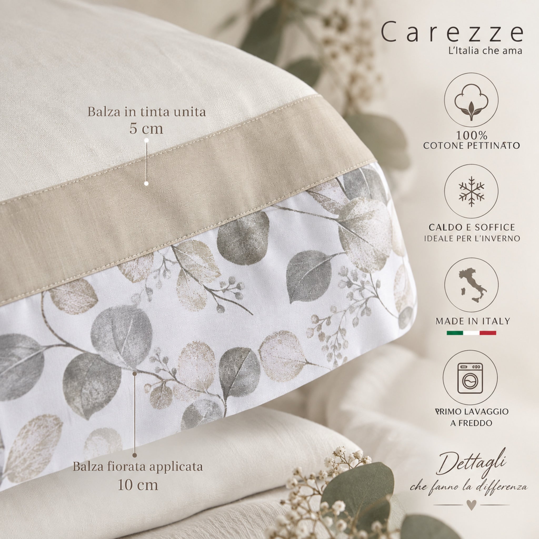 Dettaglio doppia balza Carezze Brigitta 5 cm tinta unita e 10 cm fiorata in caldo cotone avorio