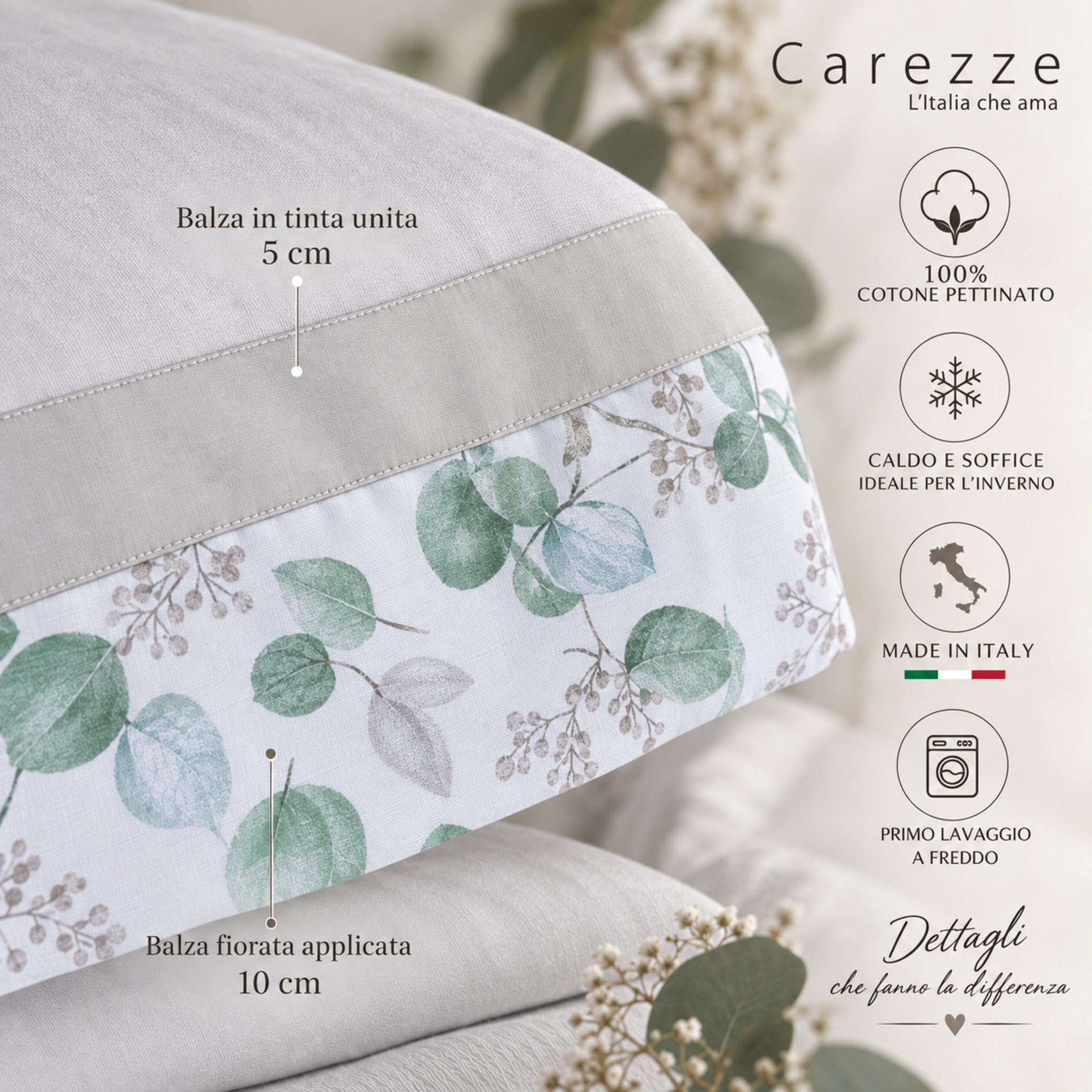 Dettaglio doppia balza Carezze Brigitta 5 cm tinta unita e 10 cm fiorata in caldo cotone grigio