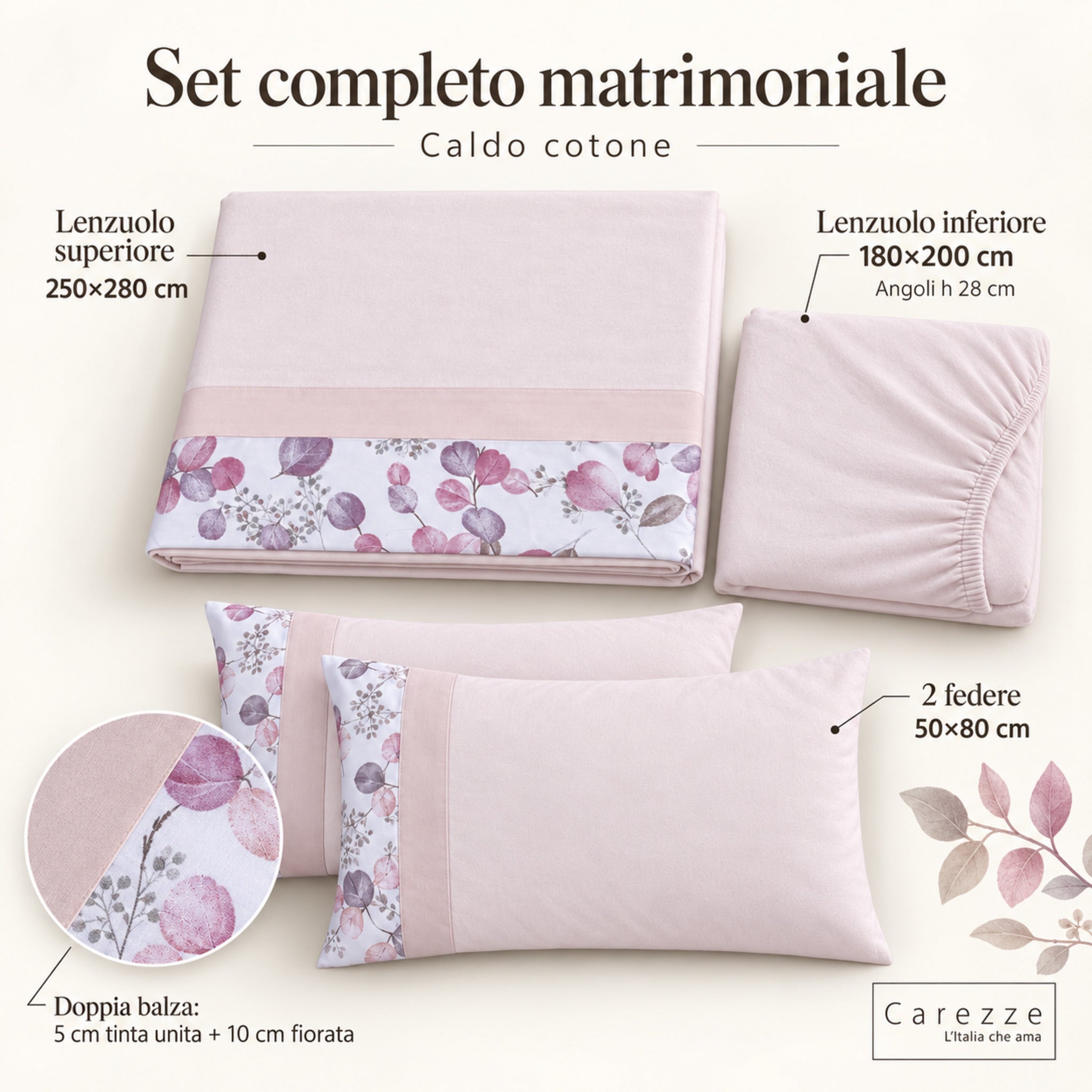 Set matrimoniale Carezze Brigitta con lenzuolo 250x280, sotto 180x200 e due federe 50x80 cipria