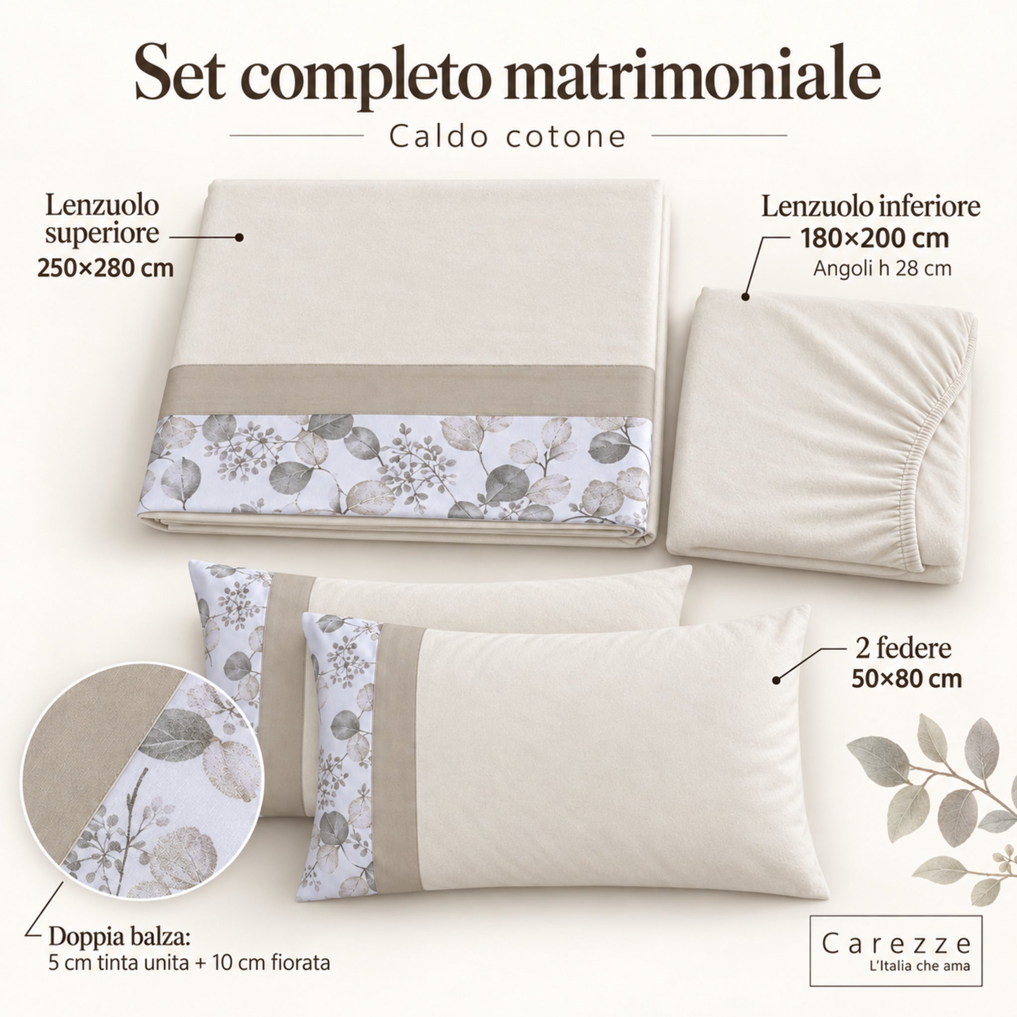 Set matrimoniale Carezze Brigitta con lenzuolo 250x280, sotto 180x200 e due federe 50x80 ecru