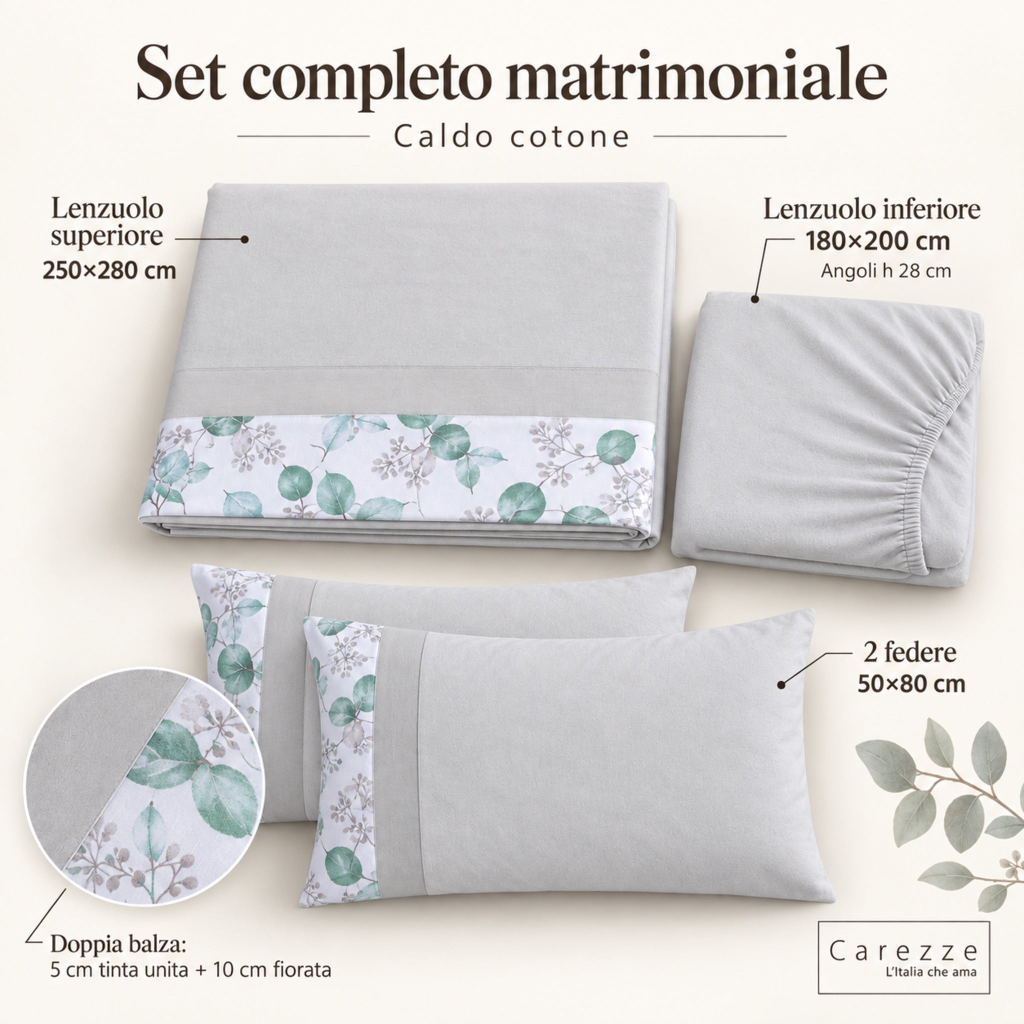 Set matrimoniale Carezze Brigitta con lenzuolo 250x280, sotto 180x200 e due federe 50x80 grigio