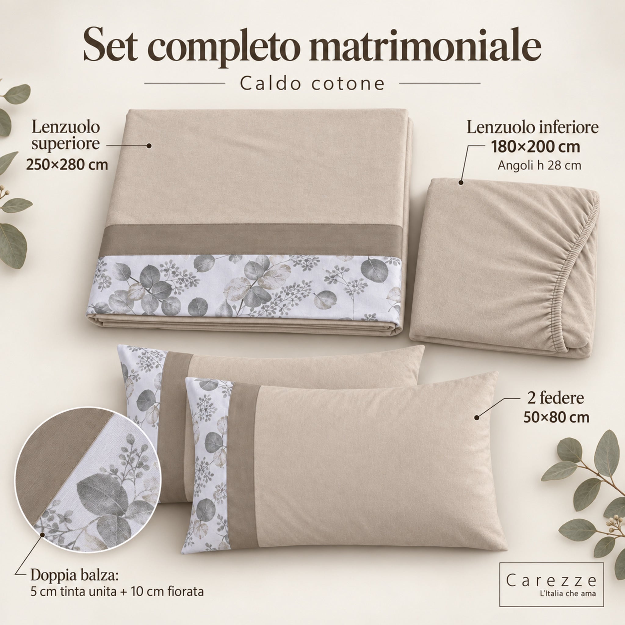 Set matrimoniale Carezze Brigitta con lenzuolo 250x280, sotto 180x200 e due federe 50x80 sabbia