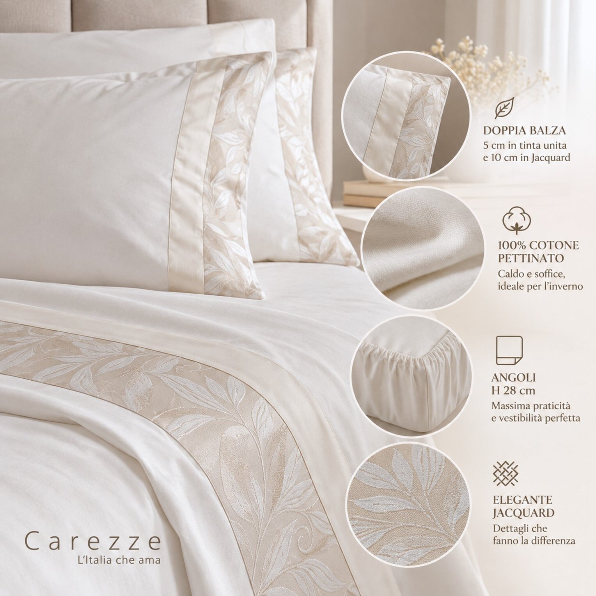 Carezze Gioia Avorio in 100% cotone pettinato con doppia balza Jacquard