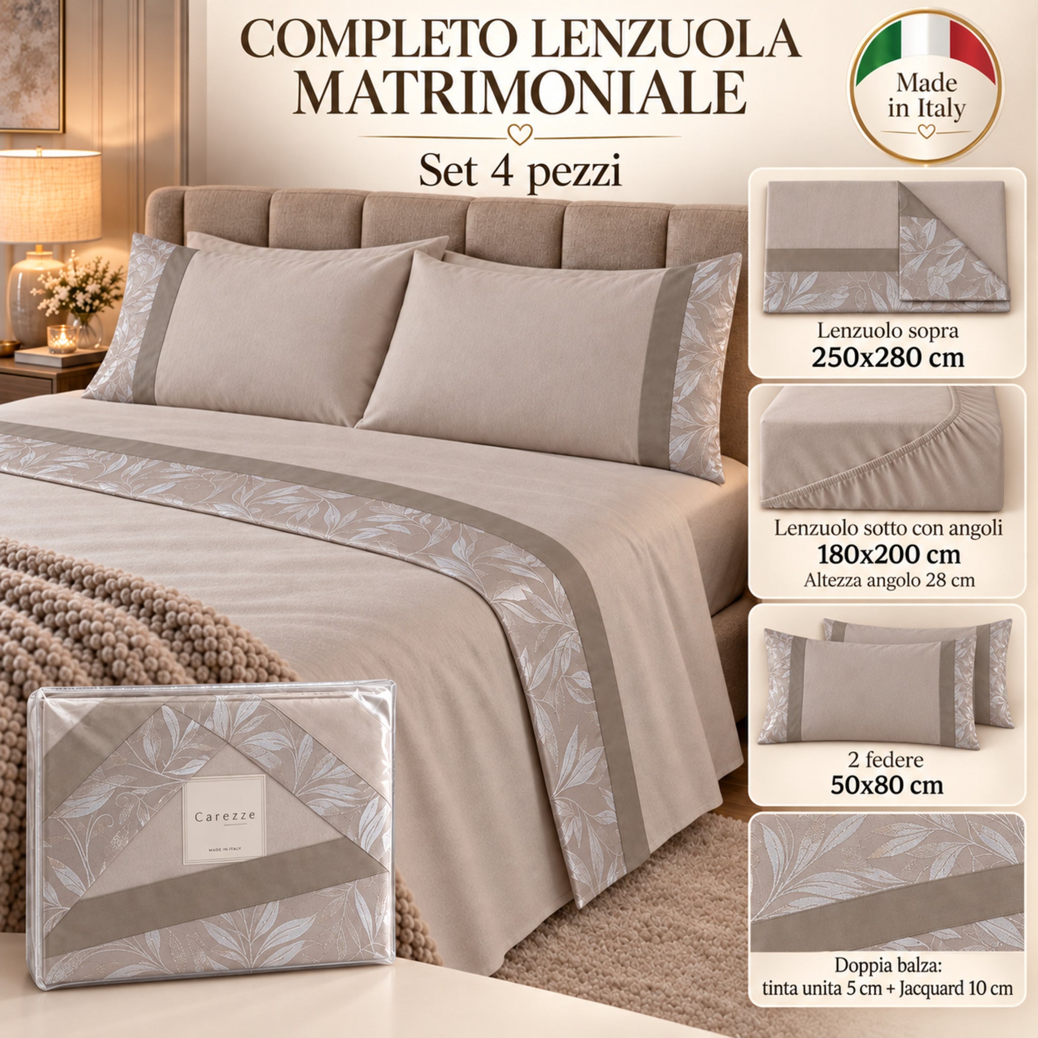 Completo matrimoniale Carezze Gioia Sabbia 4 pezzi con lenzuola e federe coordinate