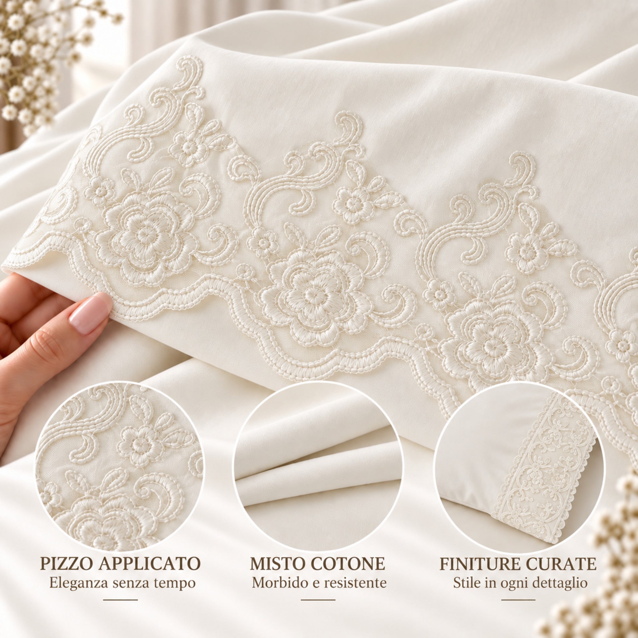 Dettaglio pizzo floreale del completo lenzuola Carezze Krizia avorio