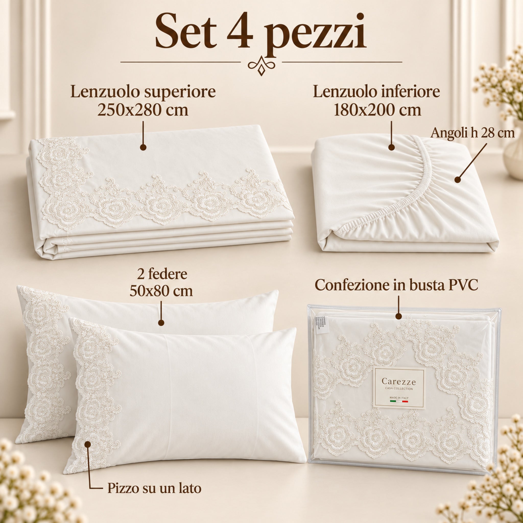 Completo Carezze Krizia avorio set 4 pezzi con misure lenzuola e federe