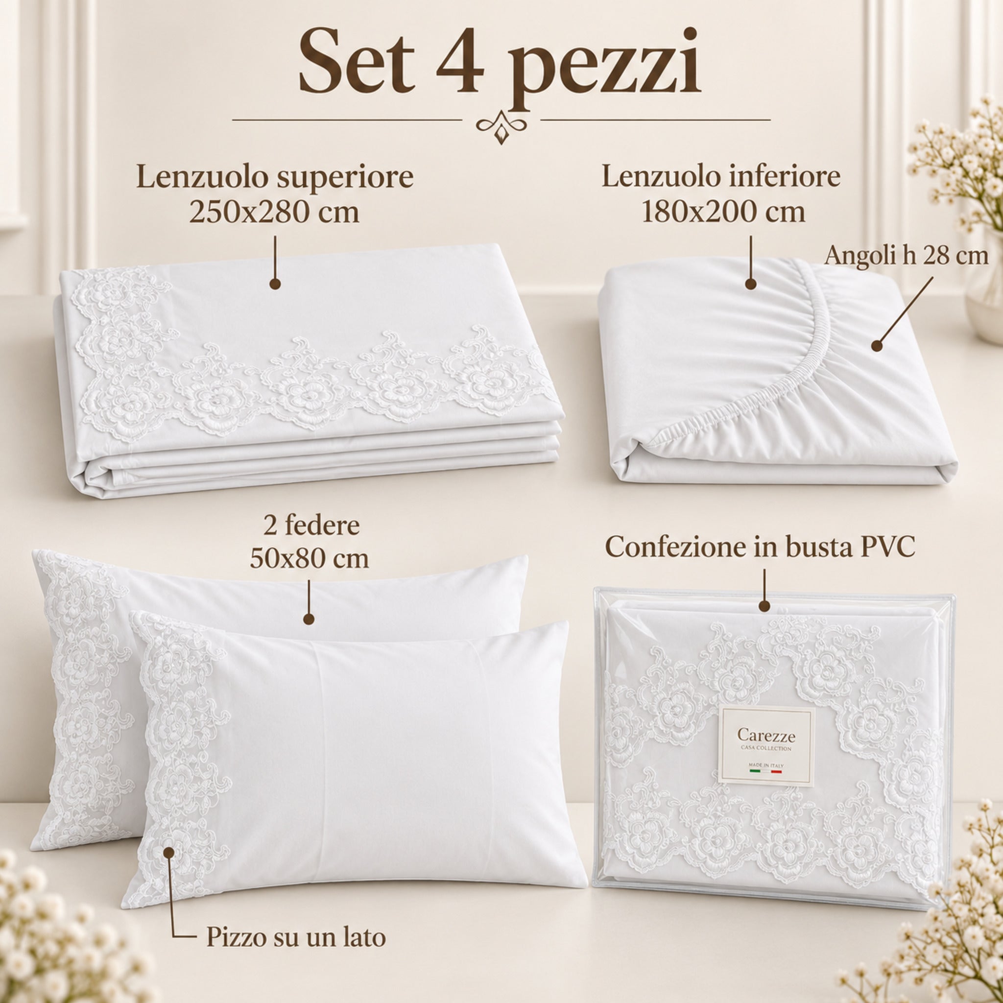 Set matrimoniale Carezze Krizia bianco 4 pezzi con pizzo e misure
