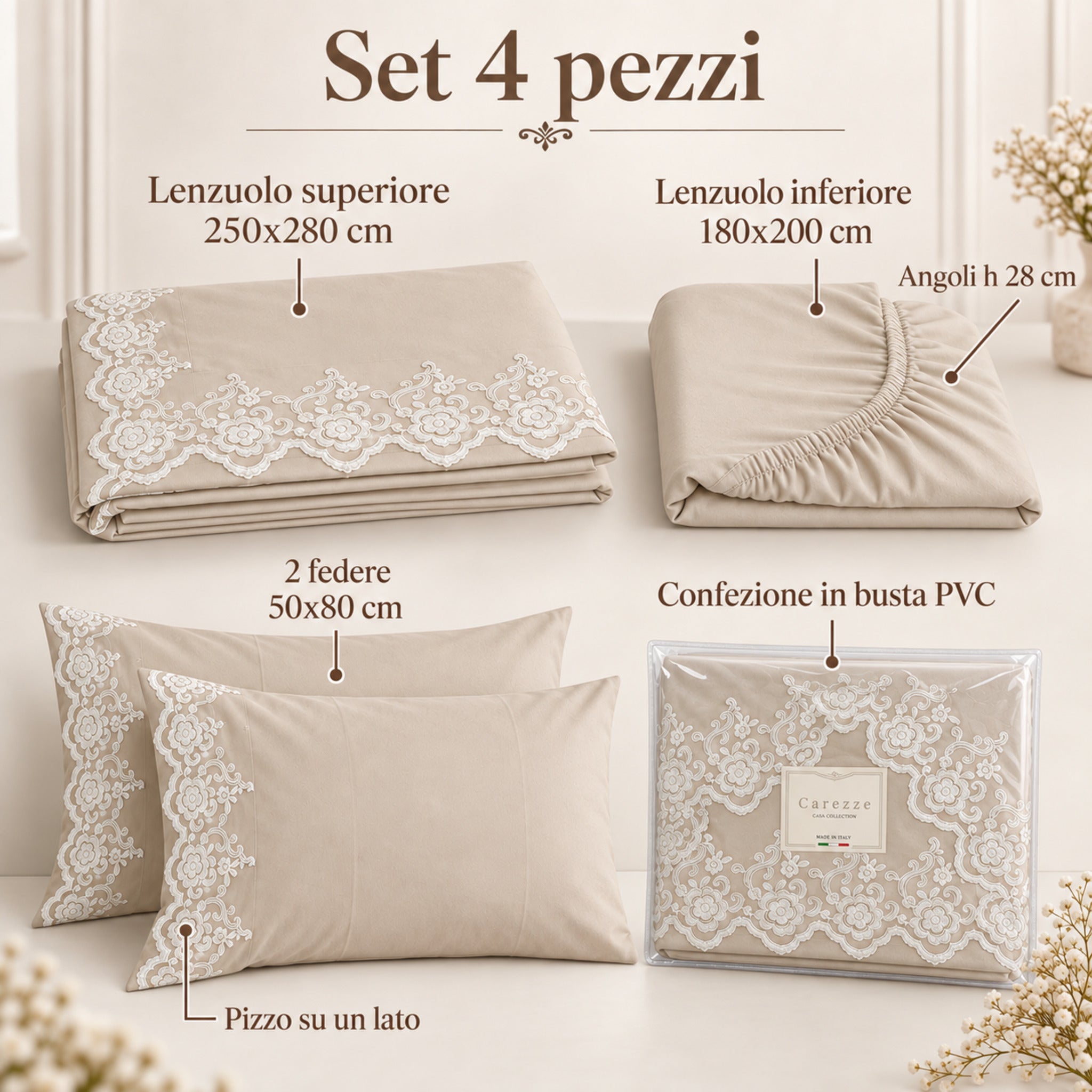 Completo matrimoniale Carezze Krizia ecrù set 4 pezzi Made in Italy