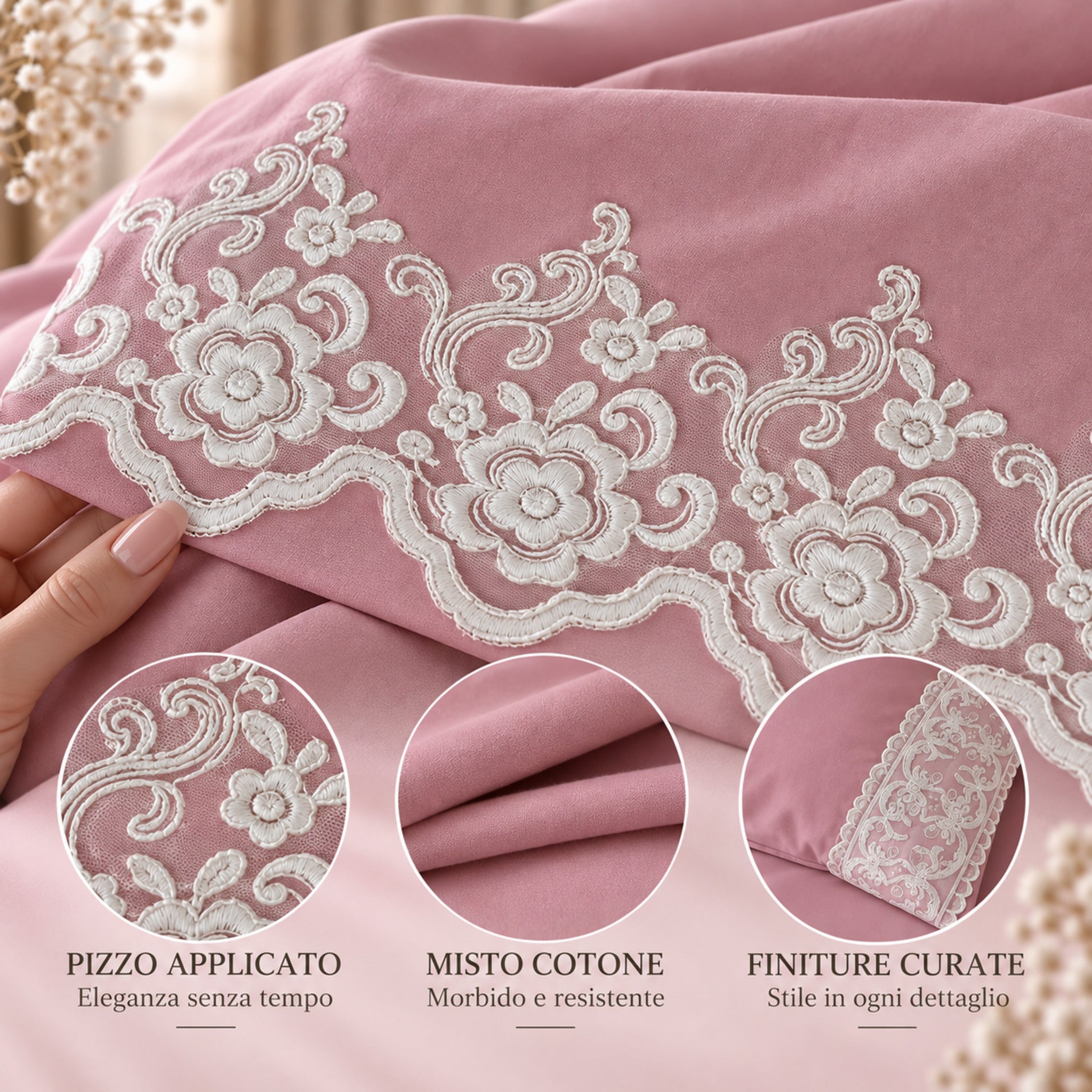 Dettaglio pizzo floreale bianco su lenzuola Carezze Krizia rosa antico