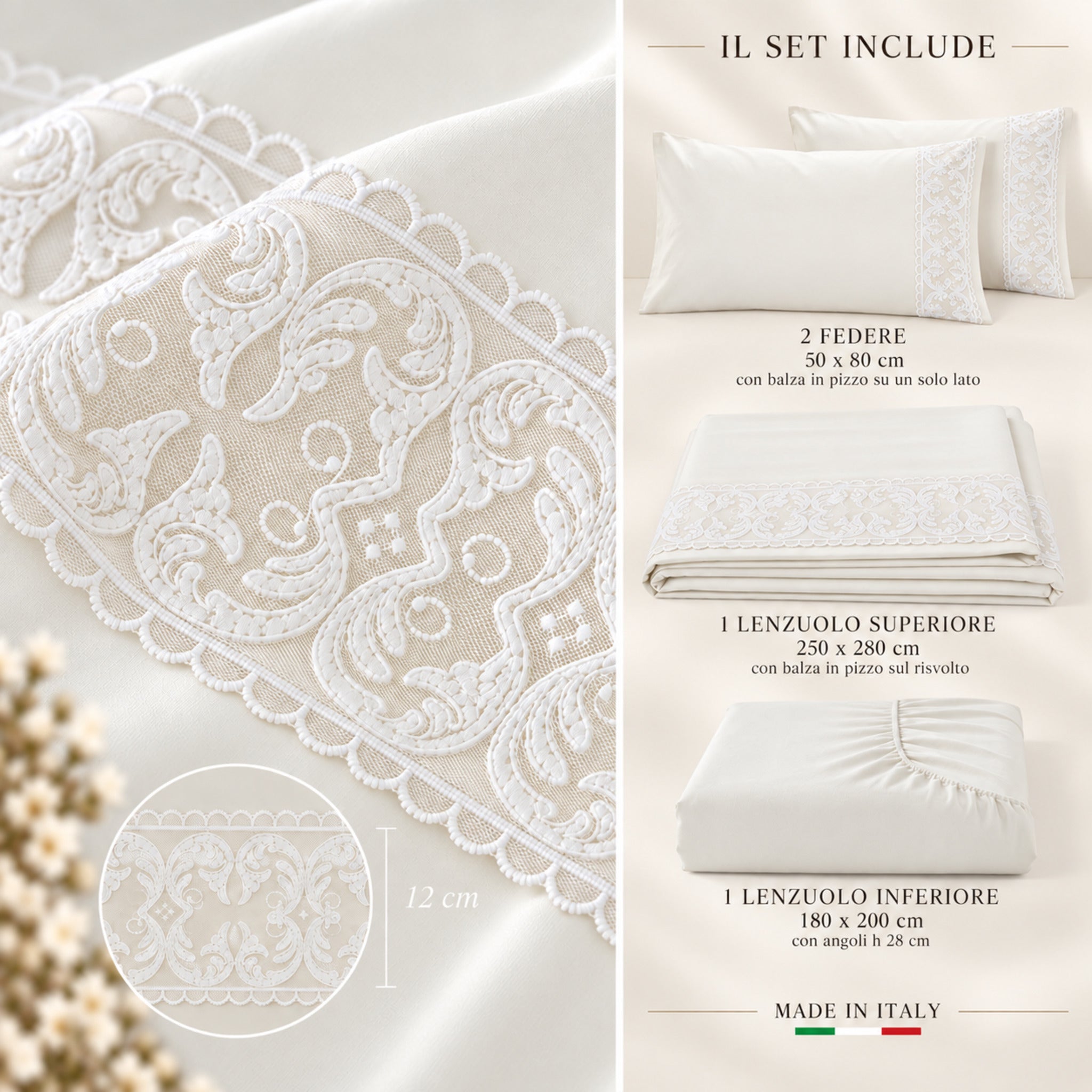 Misure completo lenzuola matrimoniale Carezze Melody avorio set 4 pezzi