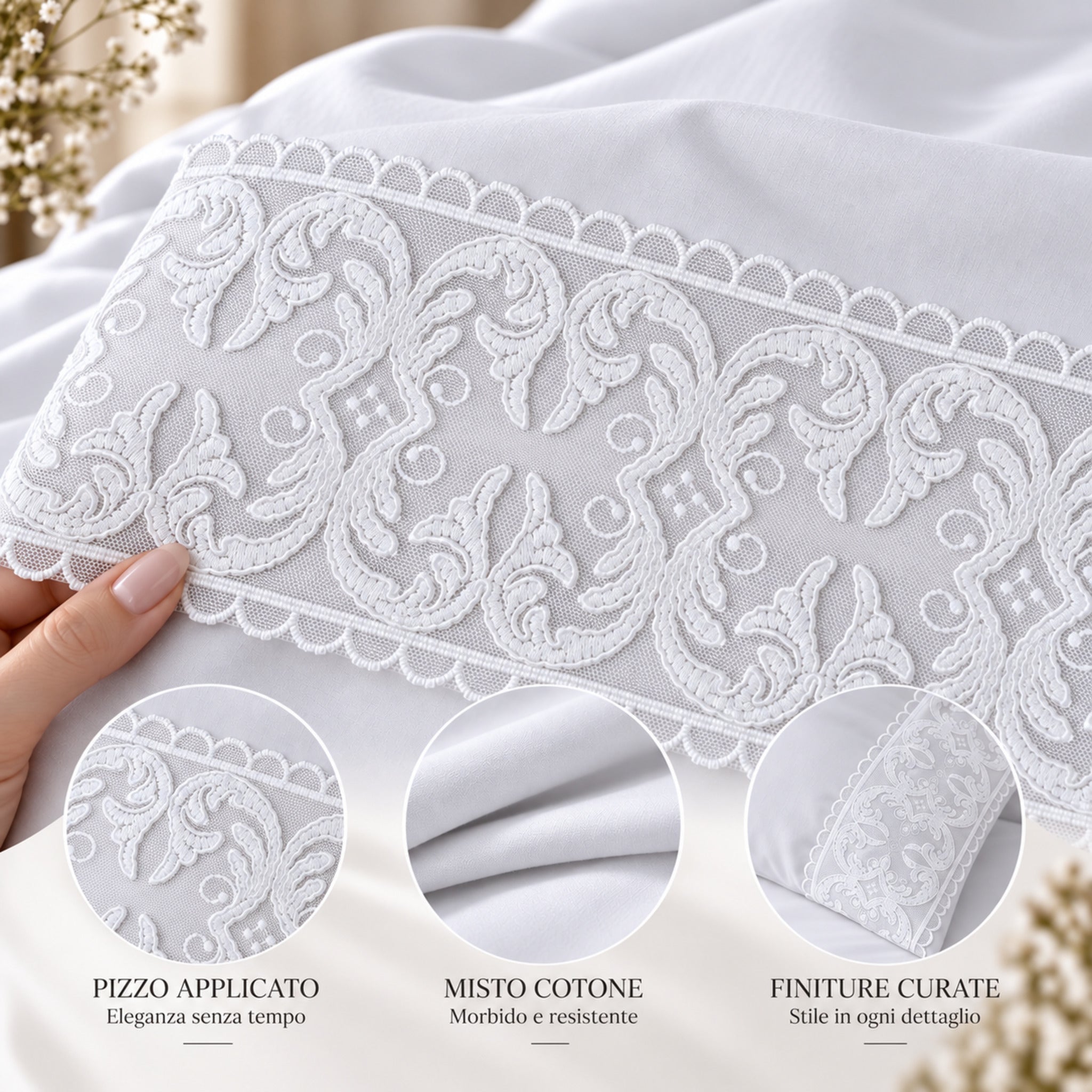 Dettaglio balza in pizzo applicata Carezze Melody bianco alta circa 12 cm