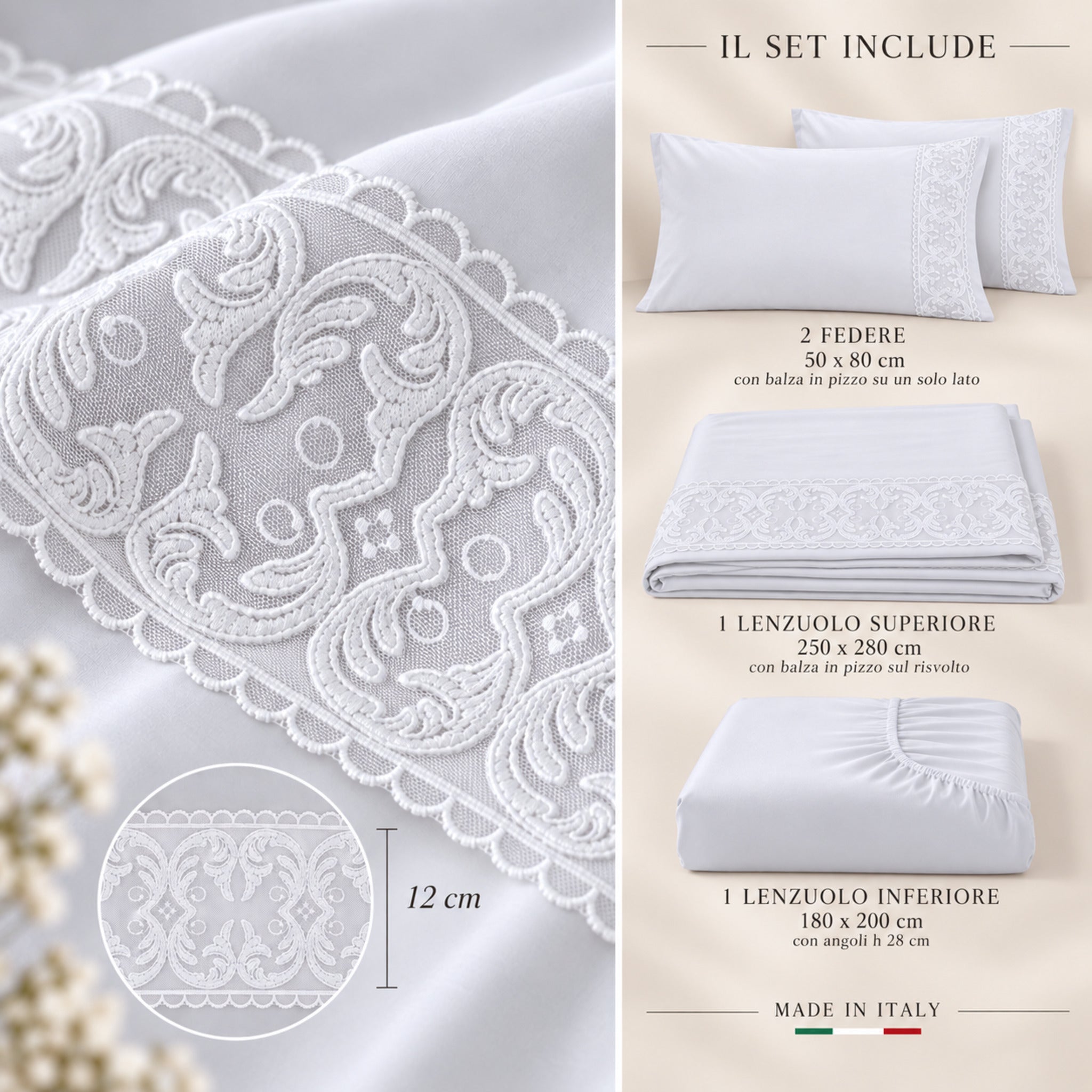 Misure completo lenzuola matrimoniale Carezze Melody bianco set 4 pezzi