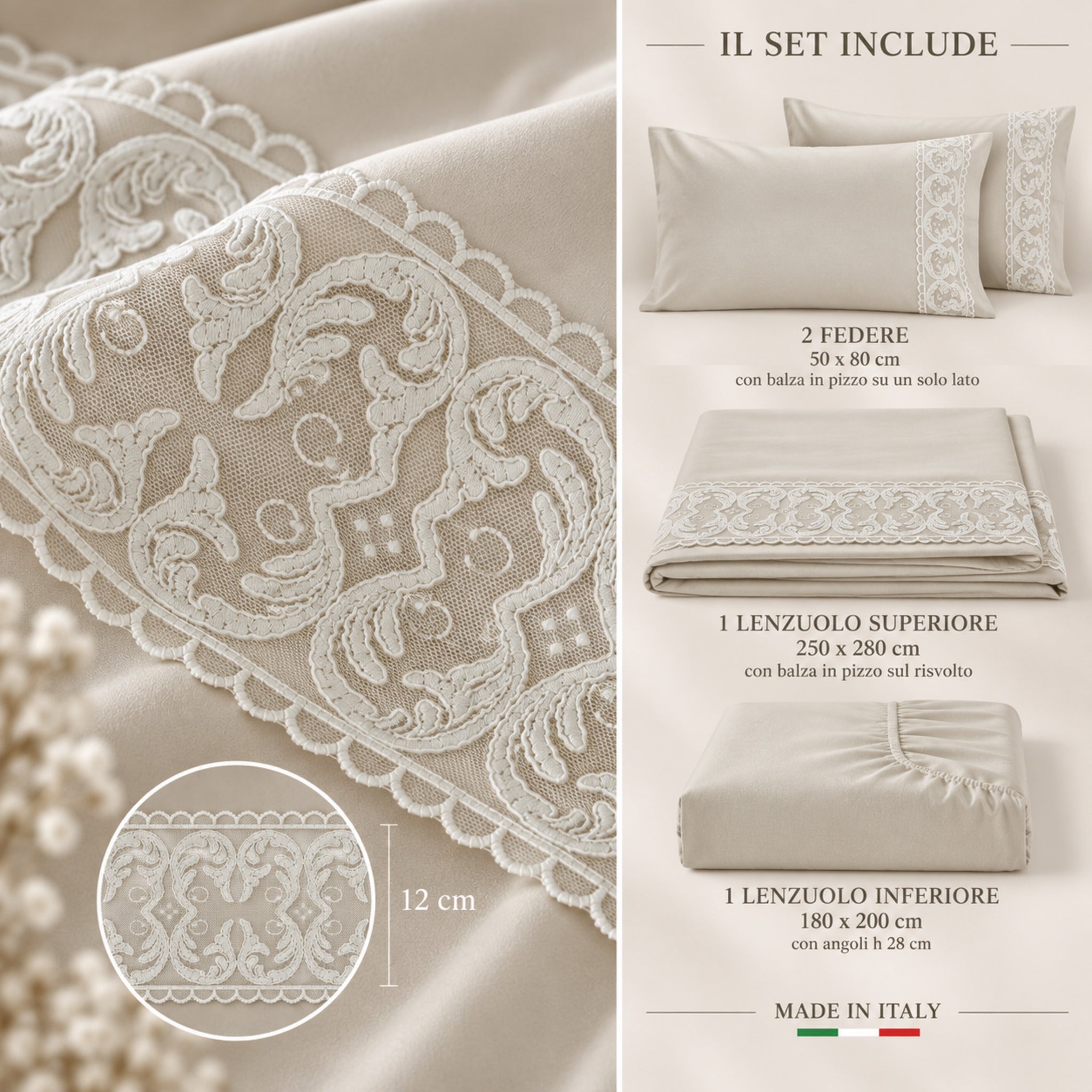 Misure completo lenzuola matrimoniale Carezze Melody ecrù set 4 pezzi