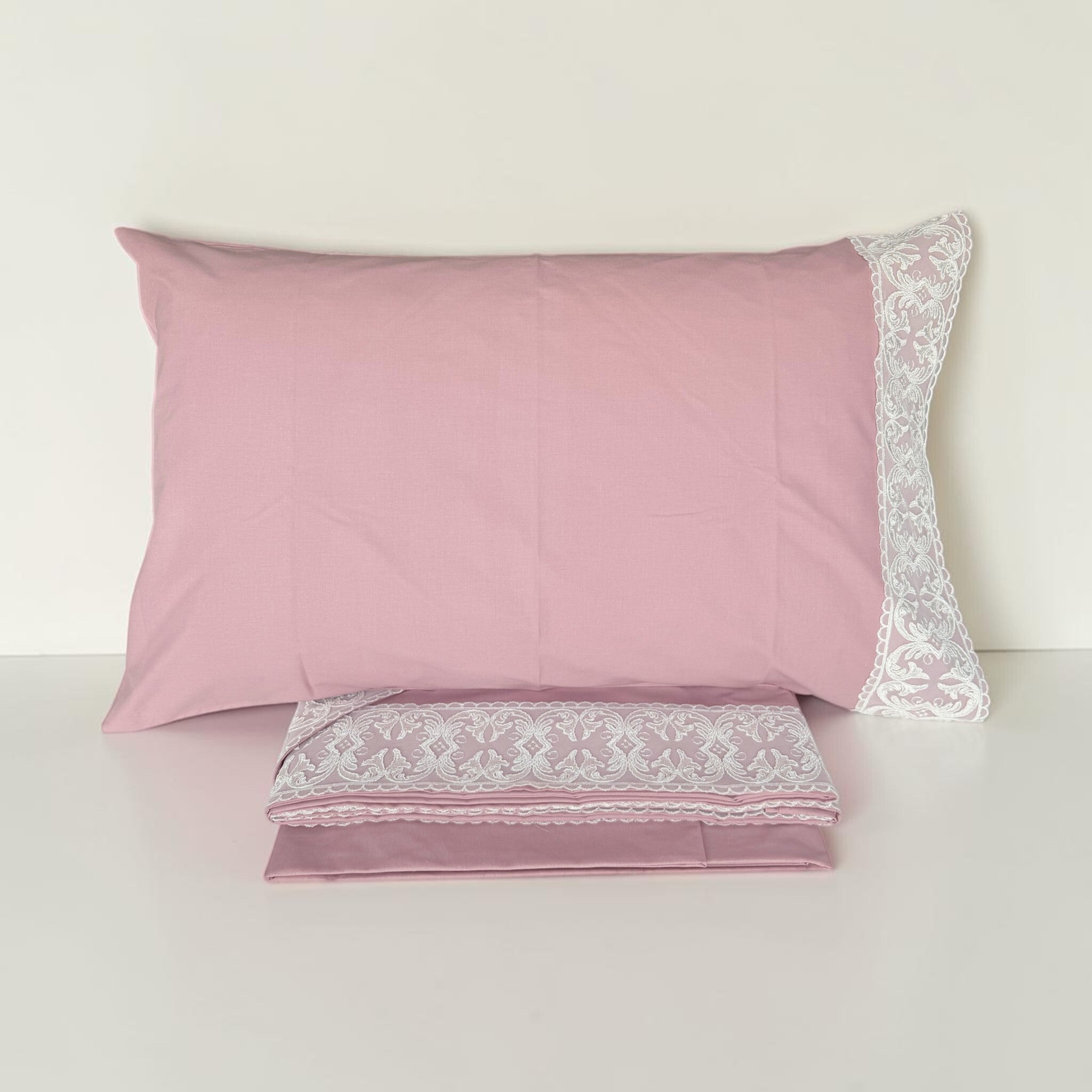 Completo Carezze Melody rosa antico con lenzuolo e federa decorata in pizzo