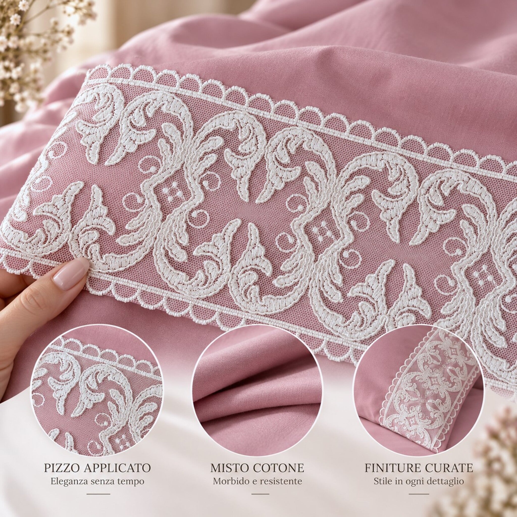 Dettaglio balza in pizzo Carezze Melody rosa antico alta circa 12 cm