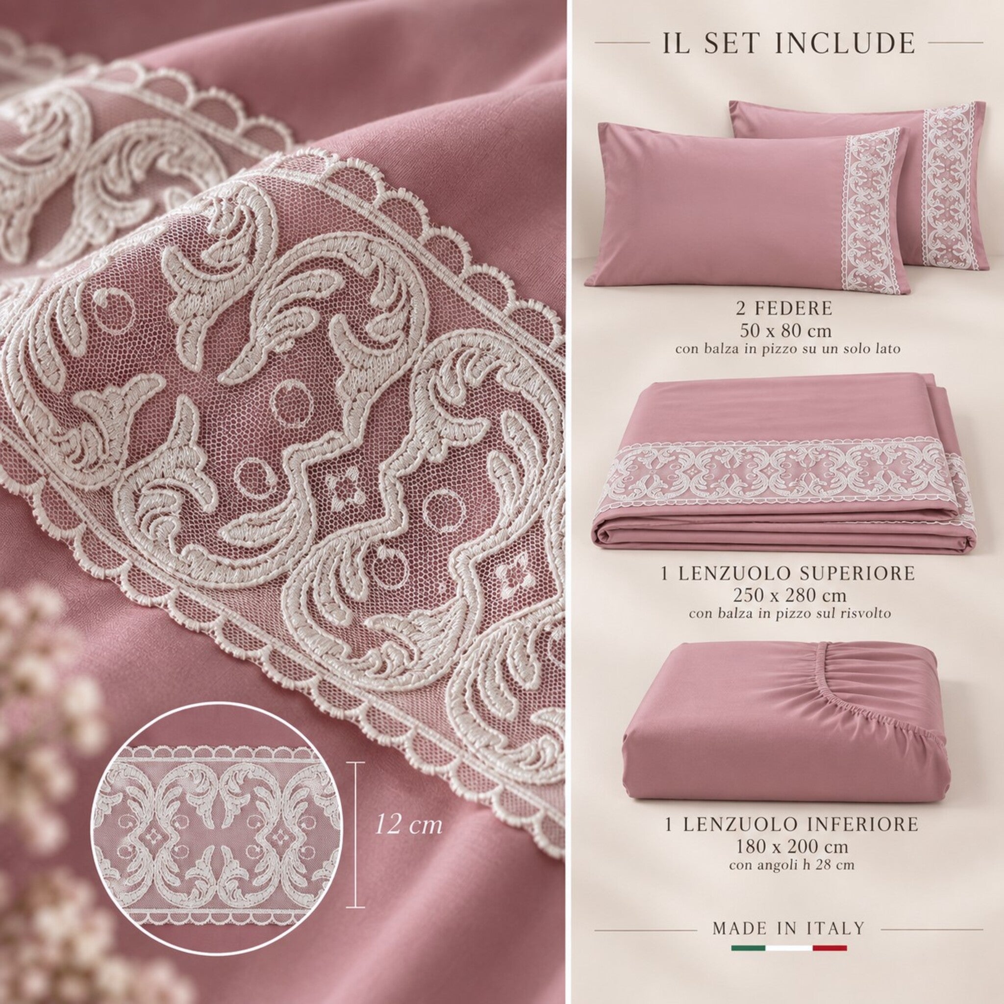 Misure completo lenzuola matrimoniale Carezze Melody rosa antico set 4 pezzi