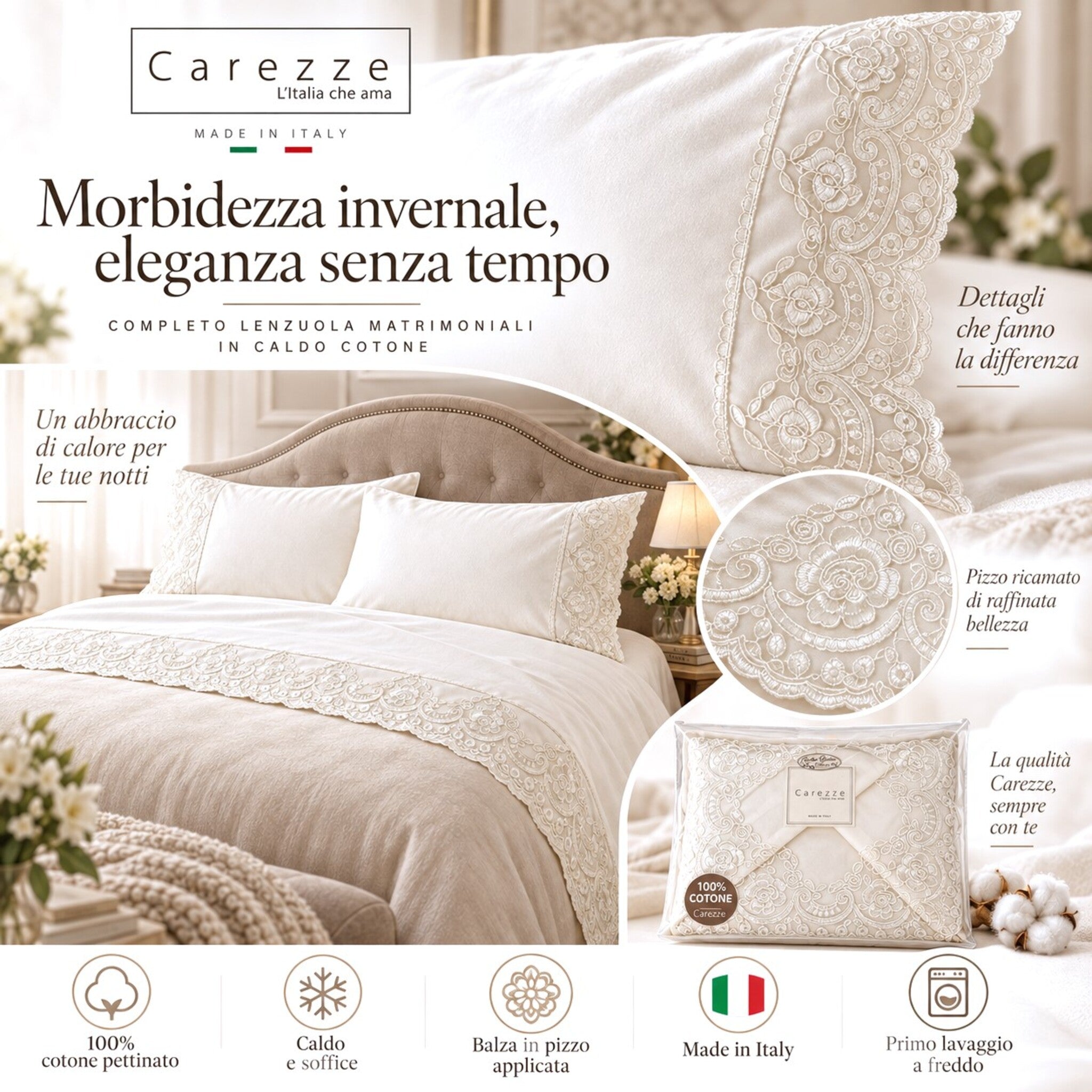 Carezze Ruby Avorio in caldo cotone 100% pettinato con balza in pizzo Made in Italy