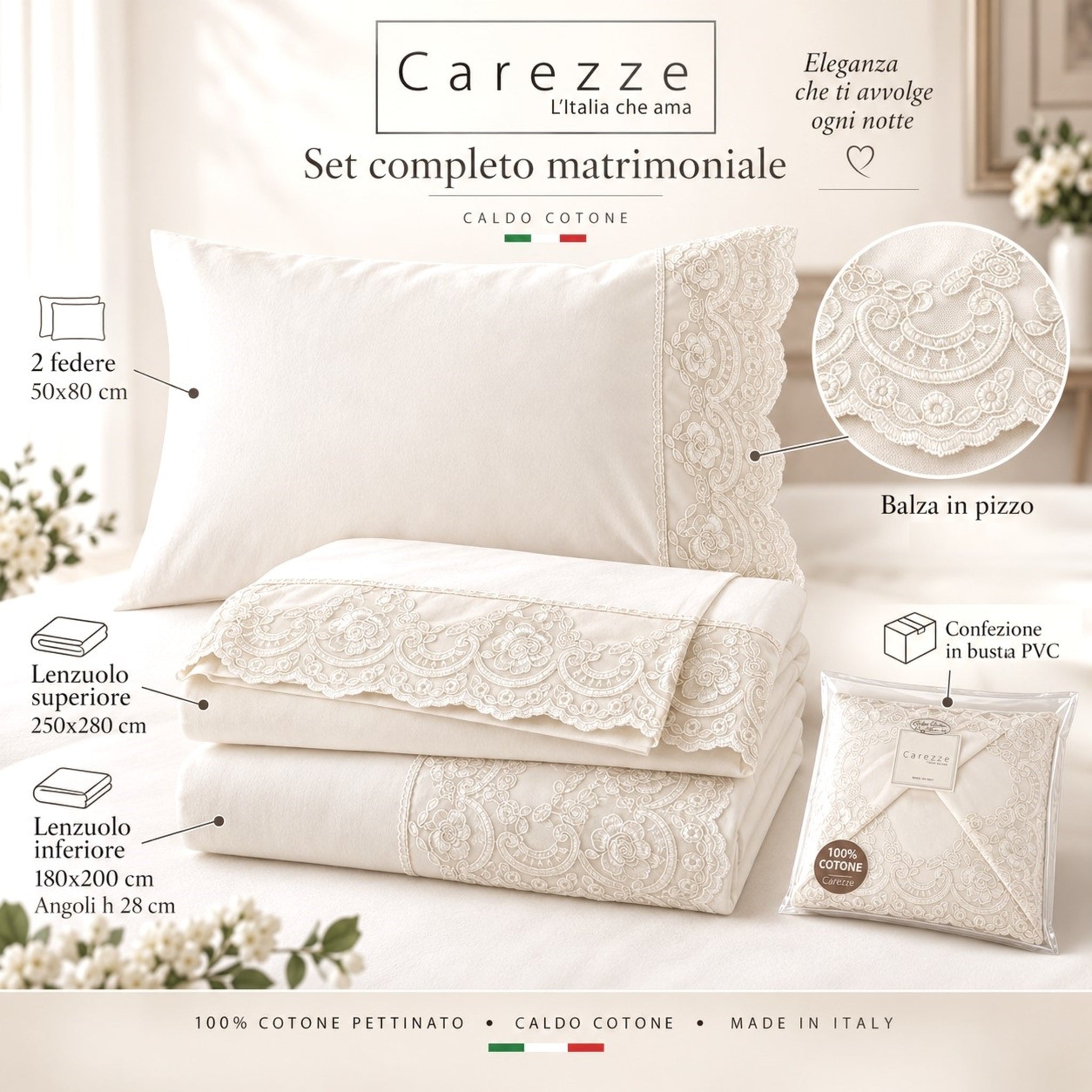 Completo matrimoniale Carezze Ruby Avorio 4 pezzi con lenzuolo 250x280 cm e federe