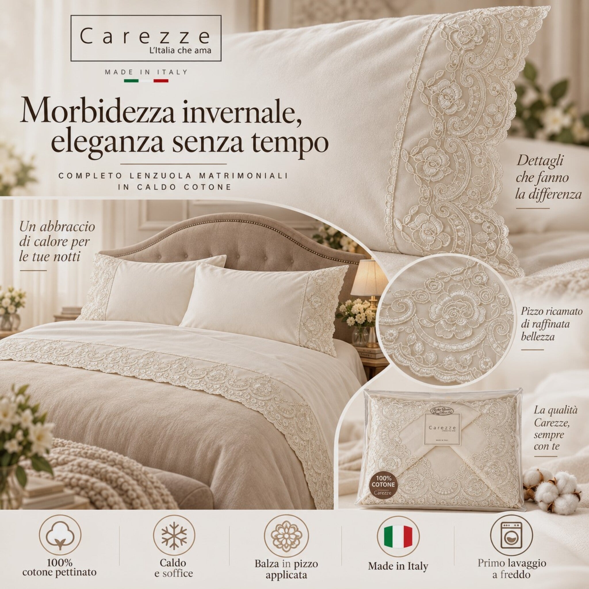 Carezze Ruby Ecrù in 100% cotone pettinato con balza in pizzo per letto matrimoniale