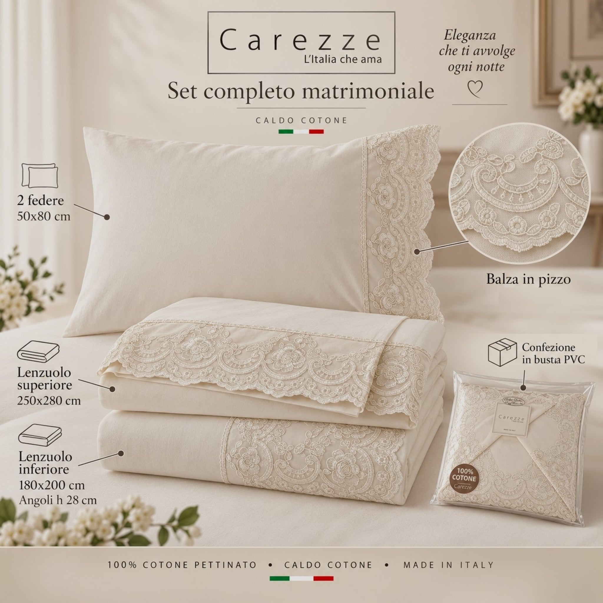 Set Carezze Ruby Ecrù 4 pezzi con lenzuolo sopra 250x280 e sotto 180x200 cm