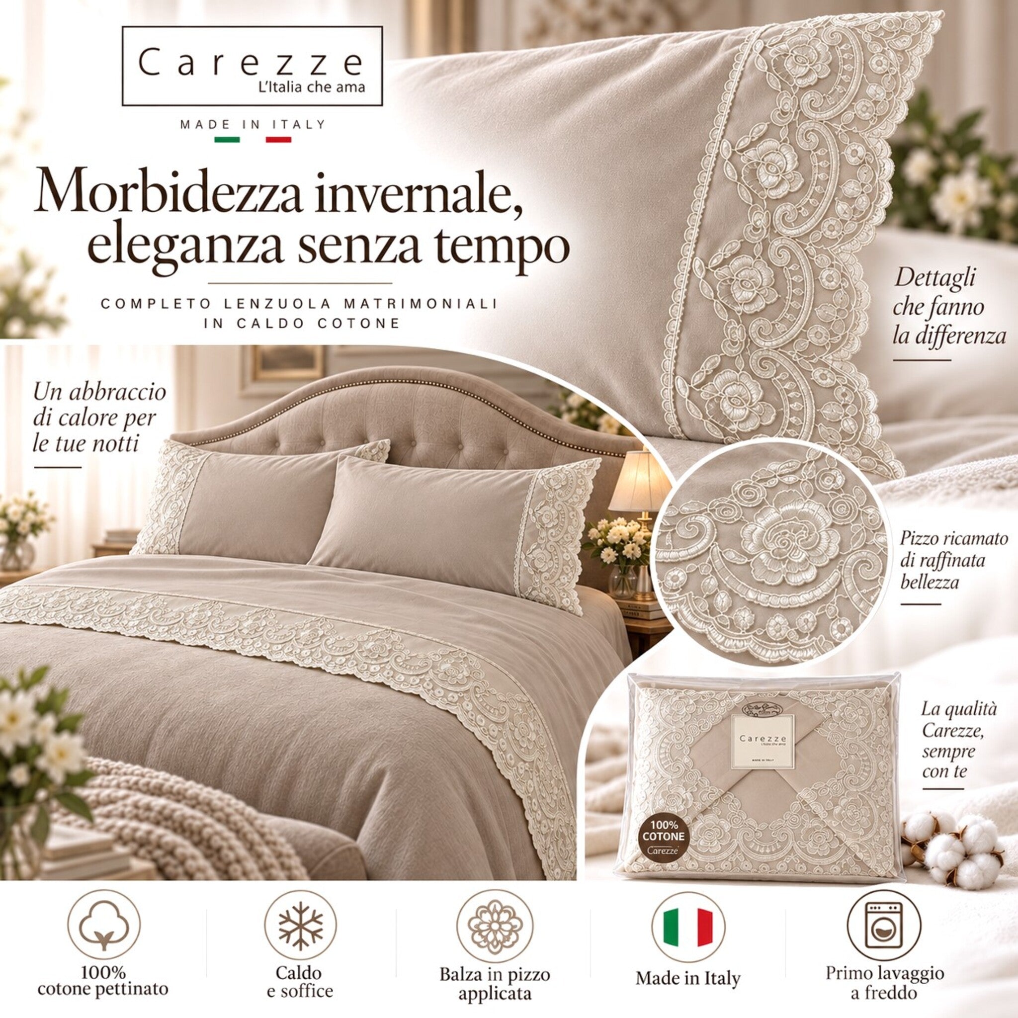 Carezze Ruby Sabbia in caldo cotone 100% pettinato con pizzo decorativo ricamato