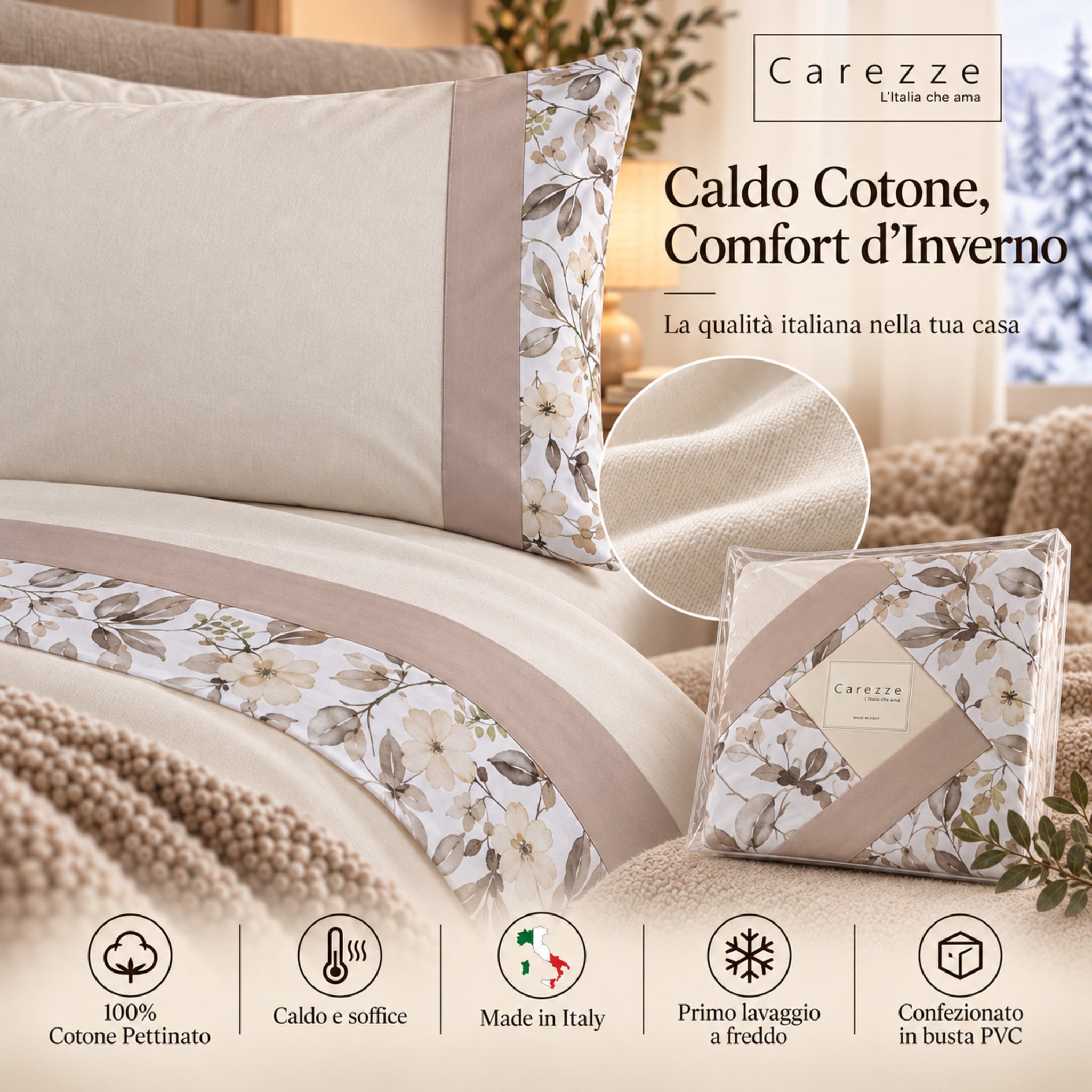 Lenzuola Carezze Terry Ecru in 100% cotone pettinato caldo e soffice per inverno