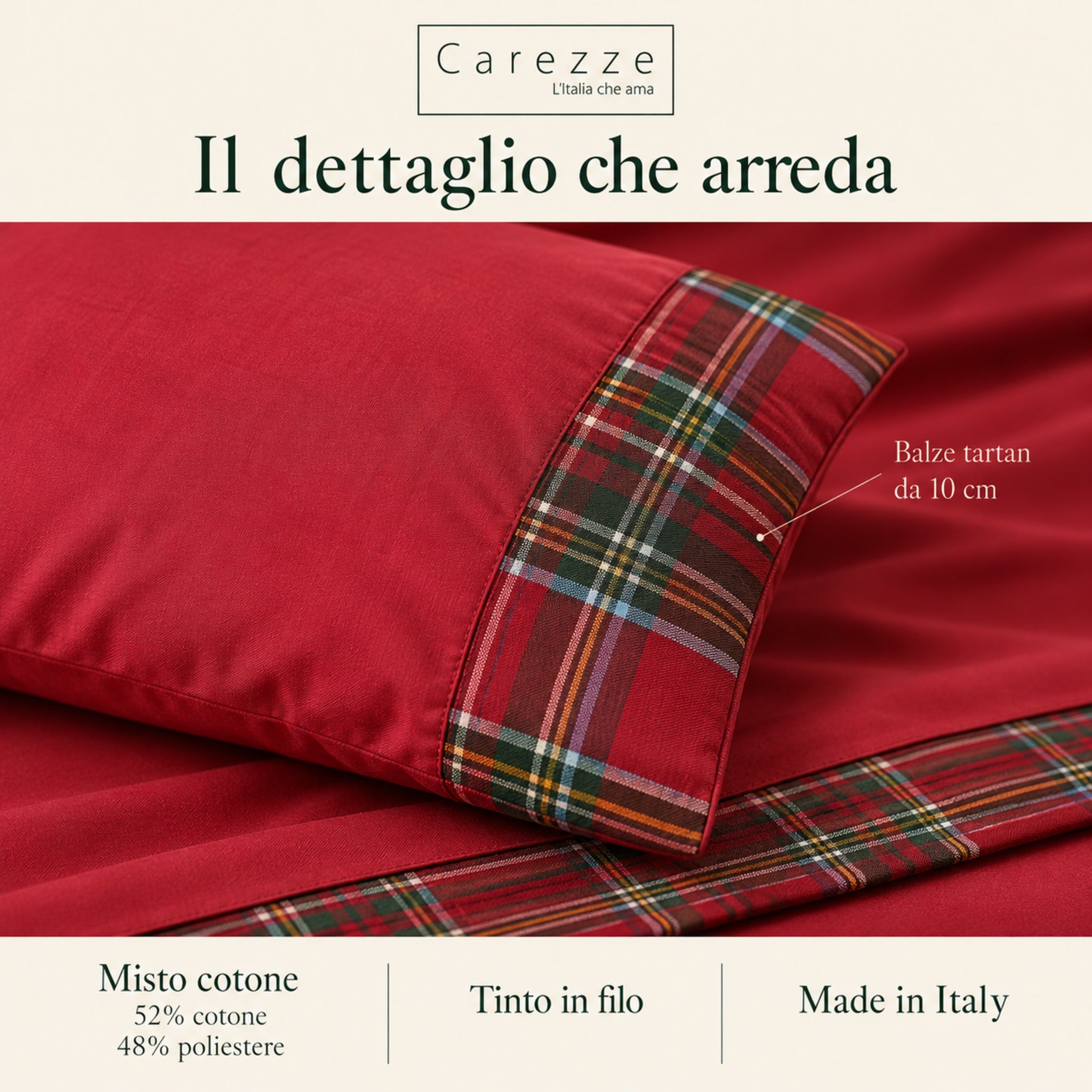 Infografica Carezze Vanessa Rosso con primo piano della balza tartan da 10 cm e dettagli su tessuto e produzione italiana.