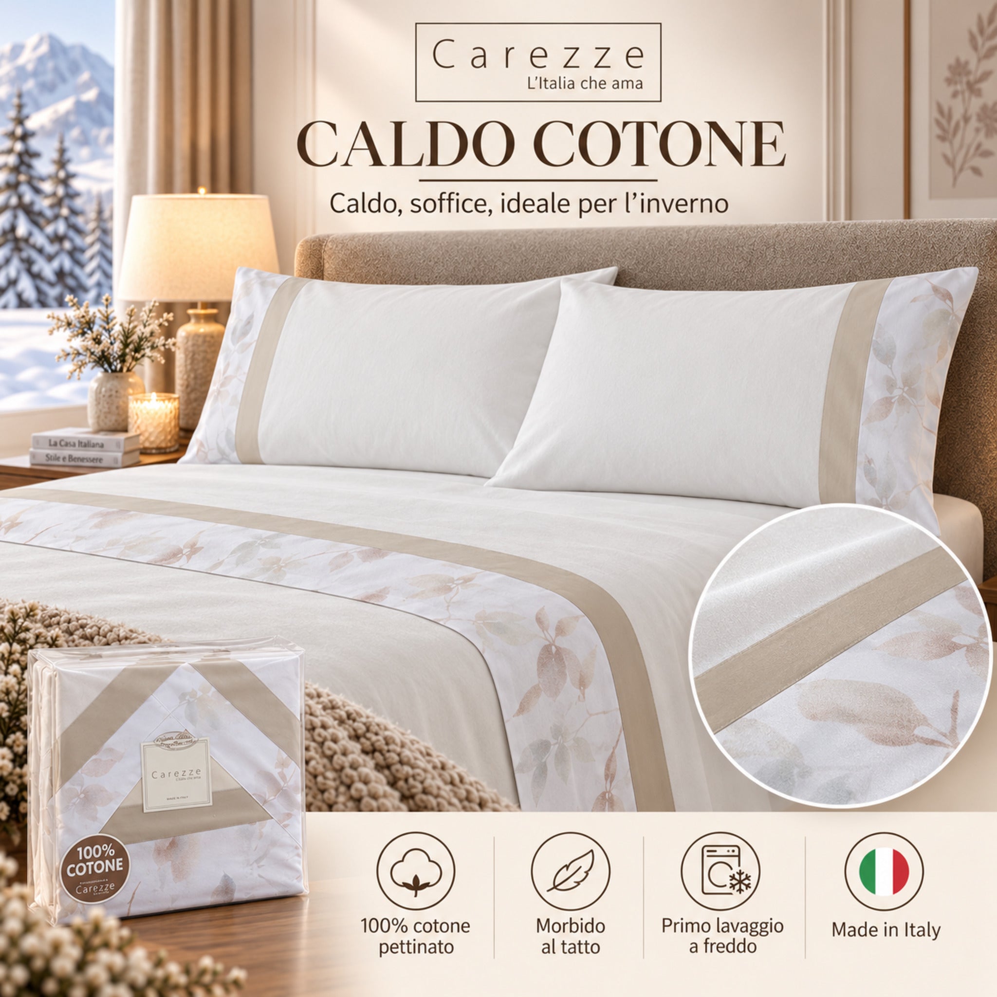 Lenzuola Carezze Wendy Avorio in caldo cotone 100% pettinato Made in Italy