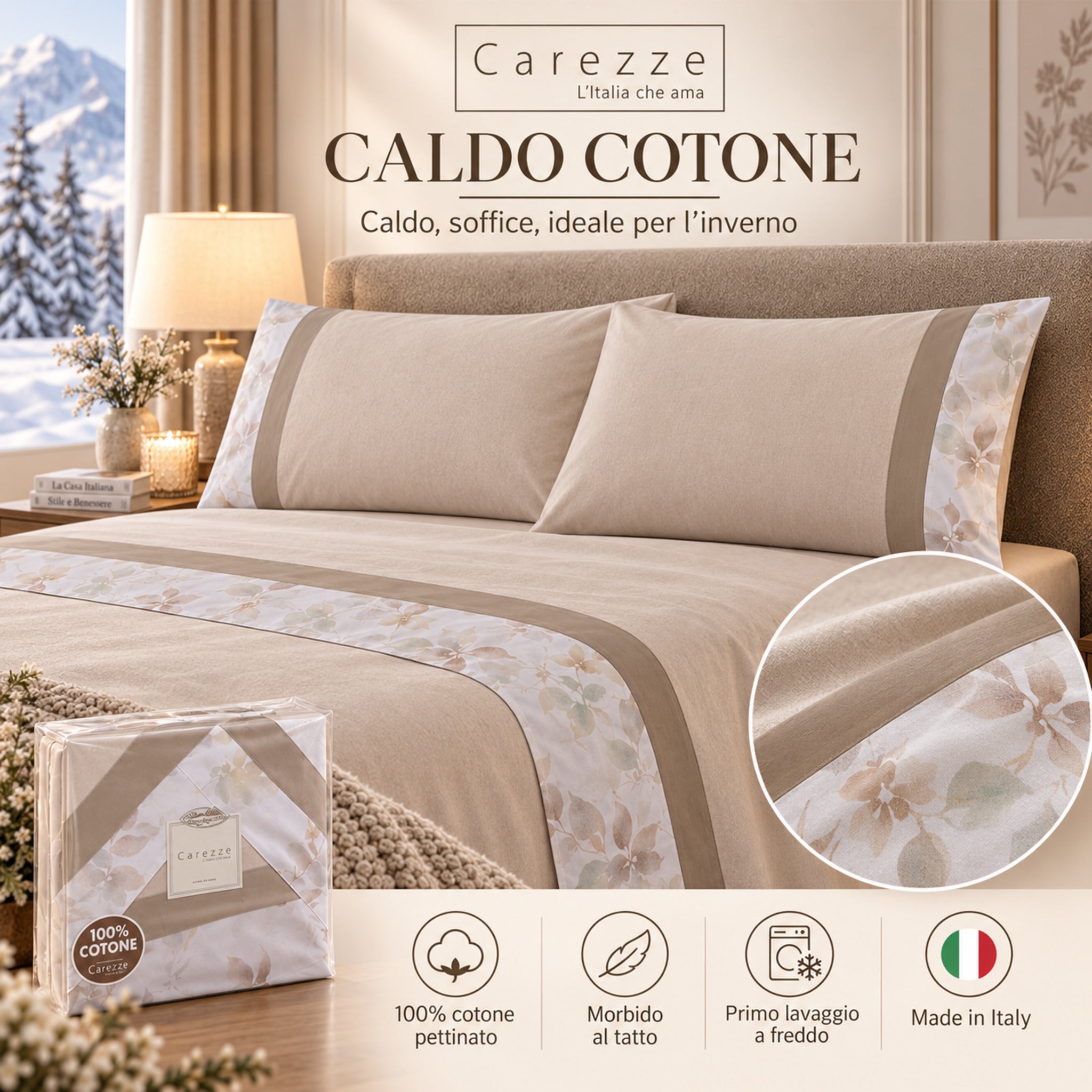Lenzuola Carezze Wendy Sabbia in 100% cotone pettinato con doppia balza floreale