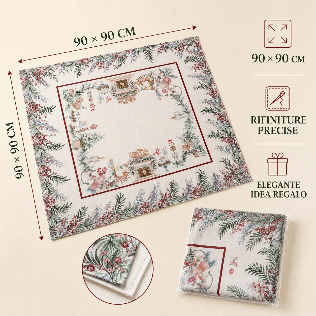 Centrotavola natalizio Plume Katrine 90x90 cm con rifiniture precise e confezione regalo