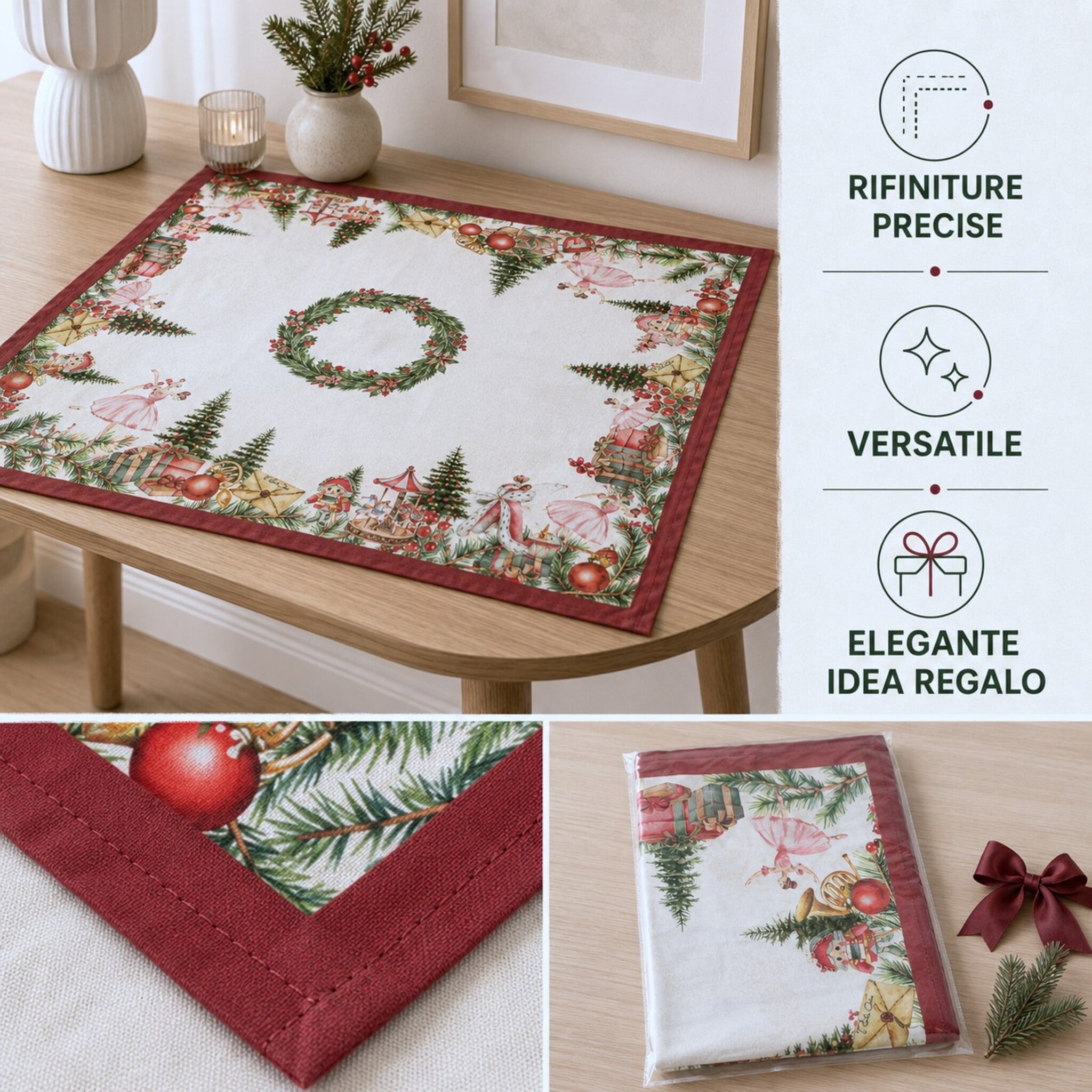 Centrotavola natalizio Plume con rifiniture precise e bordo bordeaux
