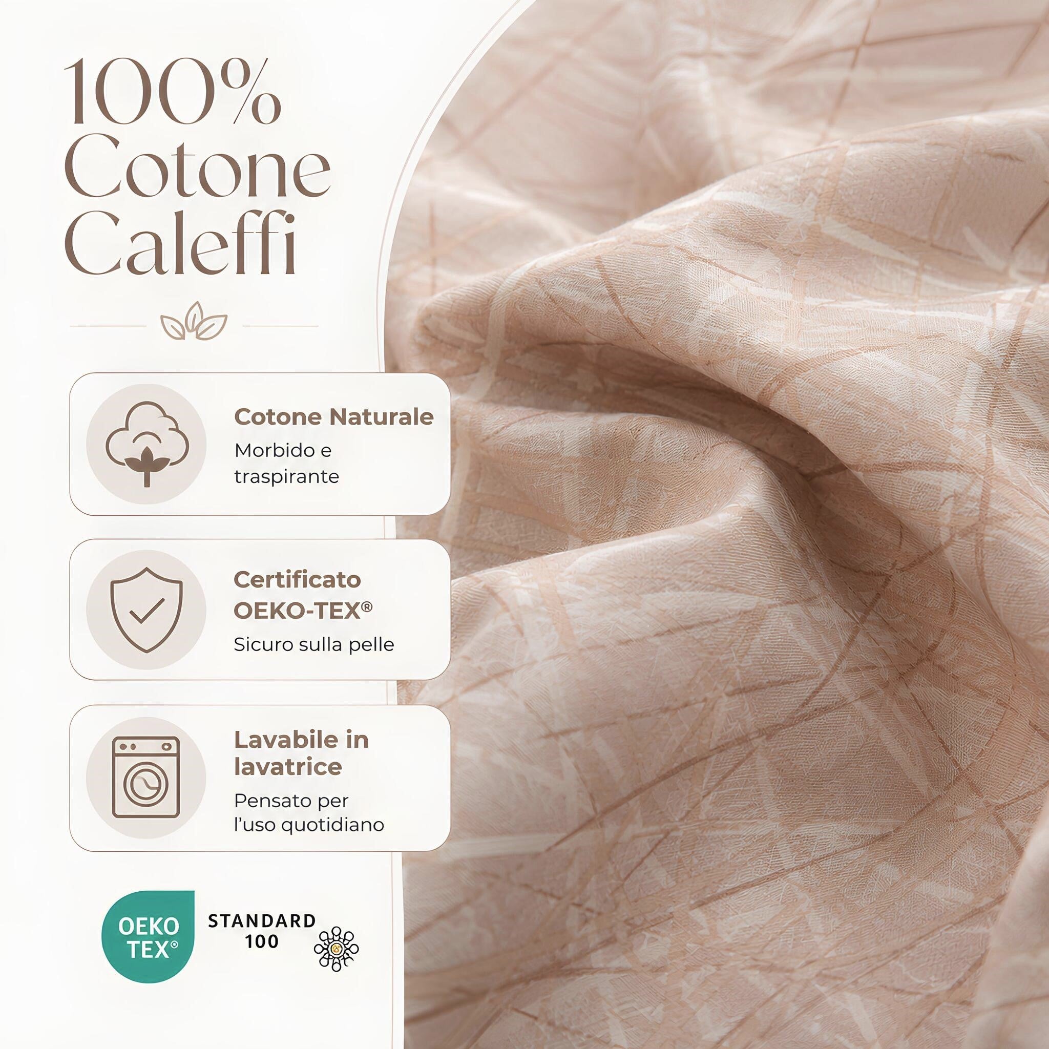 Infografica del completo lenzuola matrimoniale Caleffi Notting biscotto in 100% cotone certificato OEKO-TEX