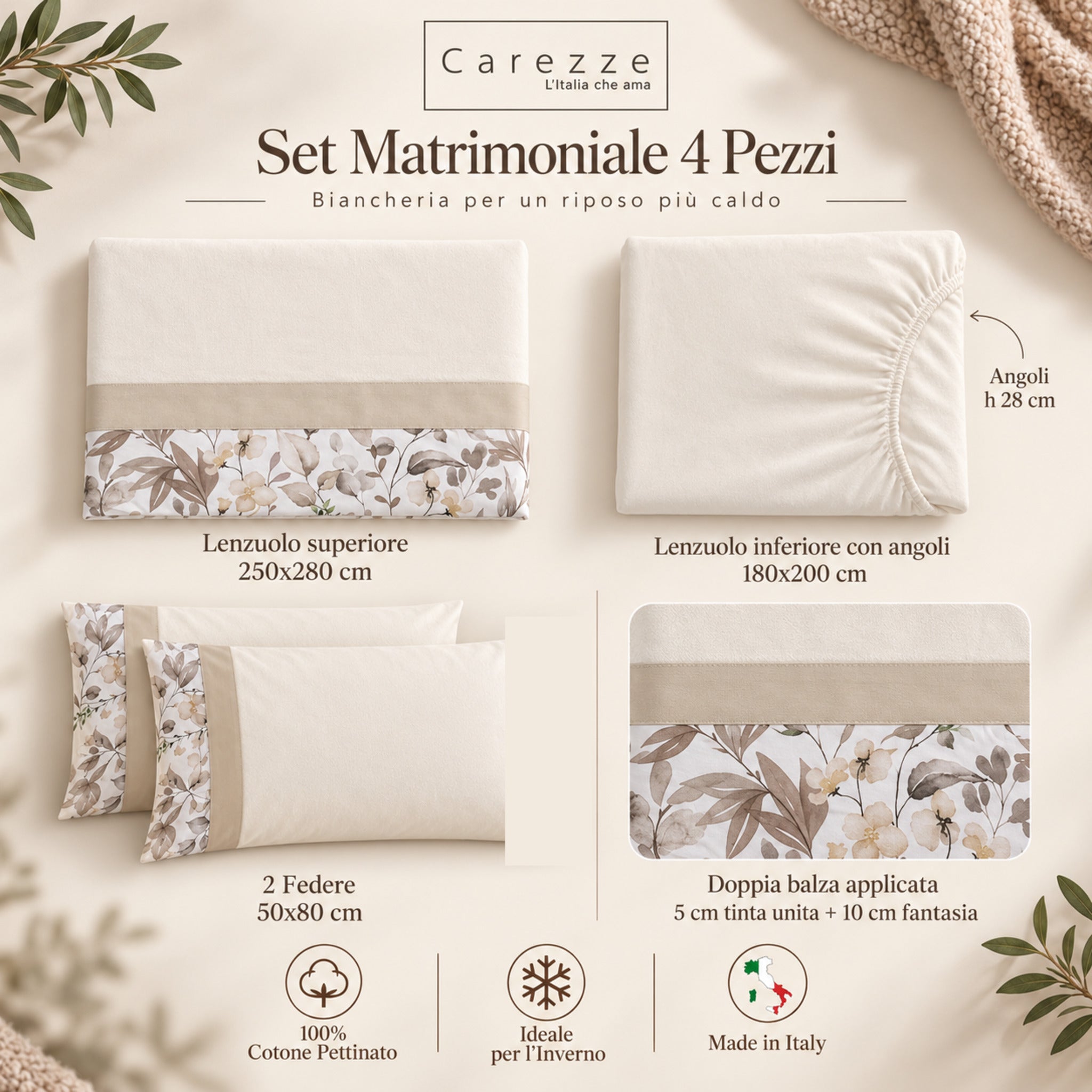 Completo matrimoniale Carezze Terry Avorio 4 pezzi con lenzuolo sopra 250x280 cm