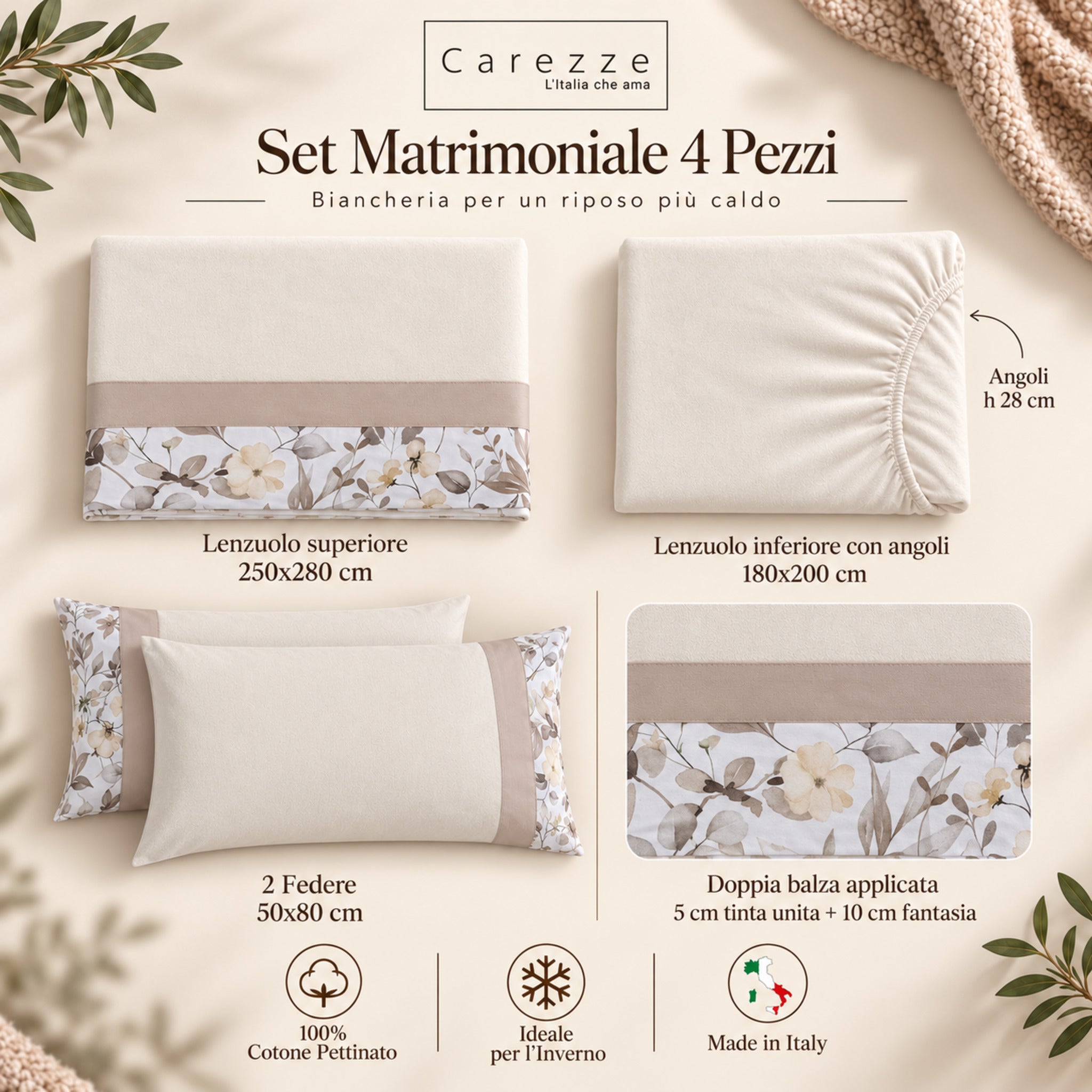 Completo Carezze Terry Ecru 4 pezzi con lenzuolo sotto 180x200 cm e angoli h 28 cm