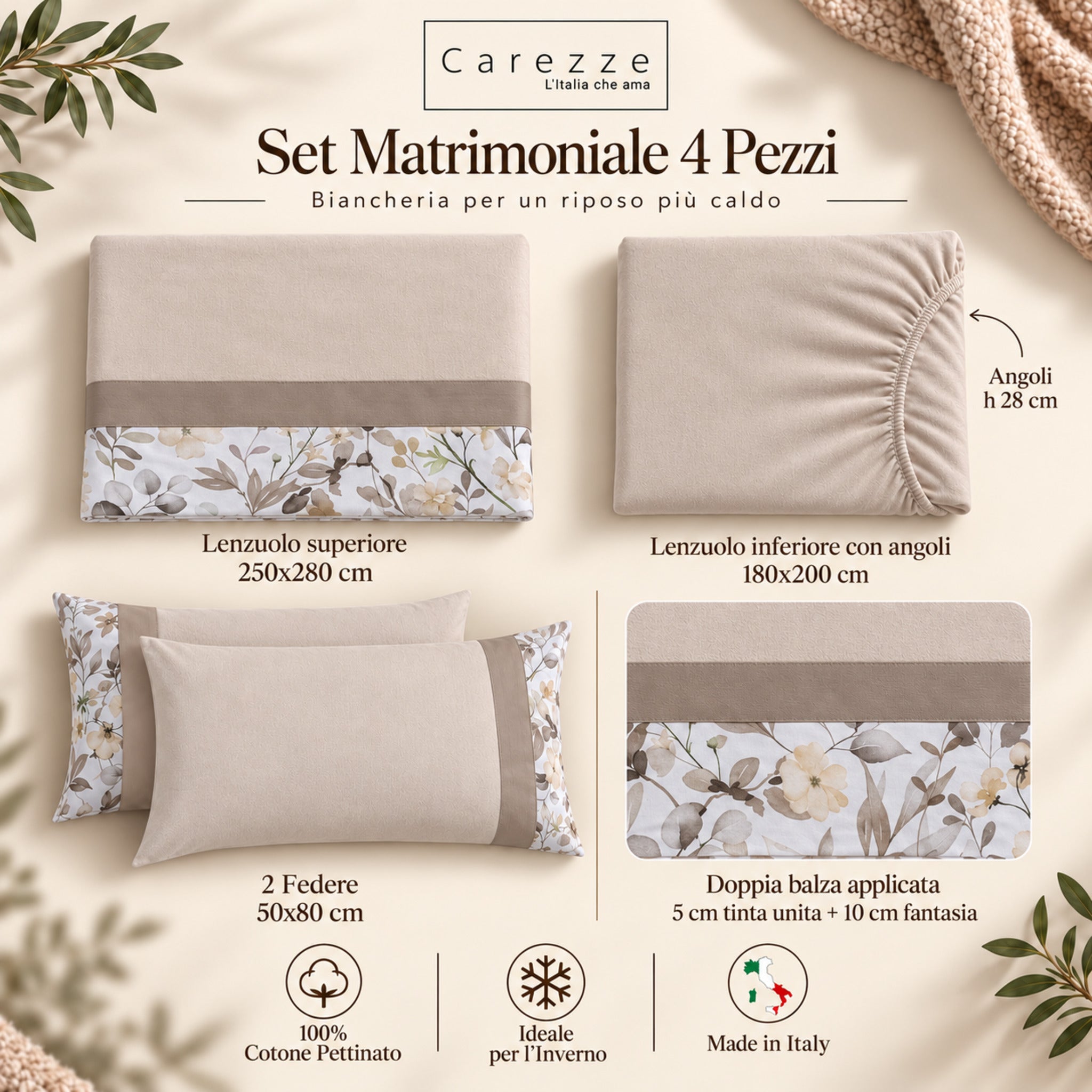 Completo matrimoniale Carezze Terry Sabbia set 4 pezzi in caldo cotone 100% pettinato