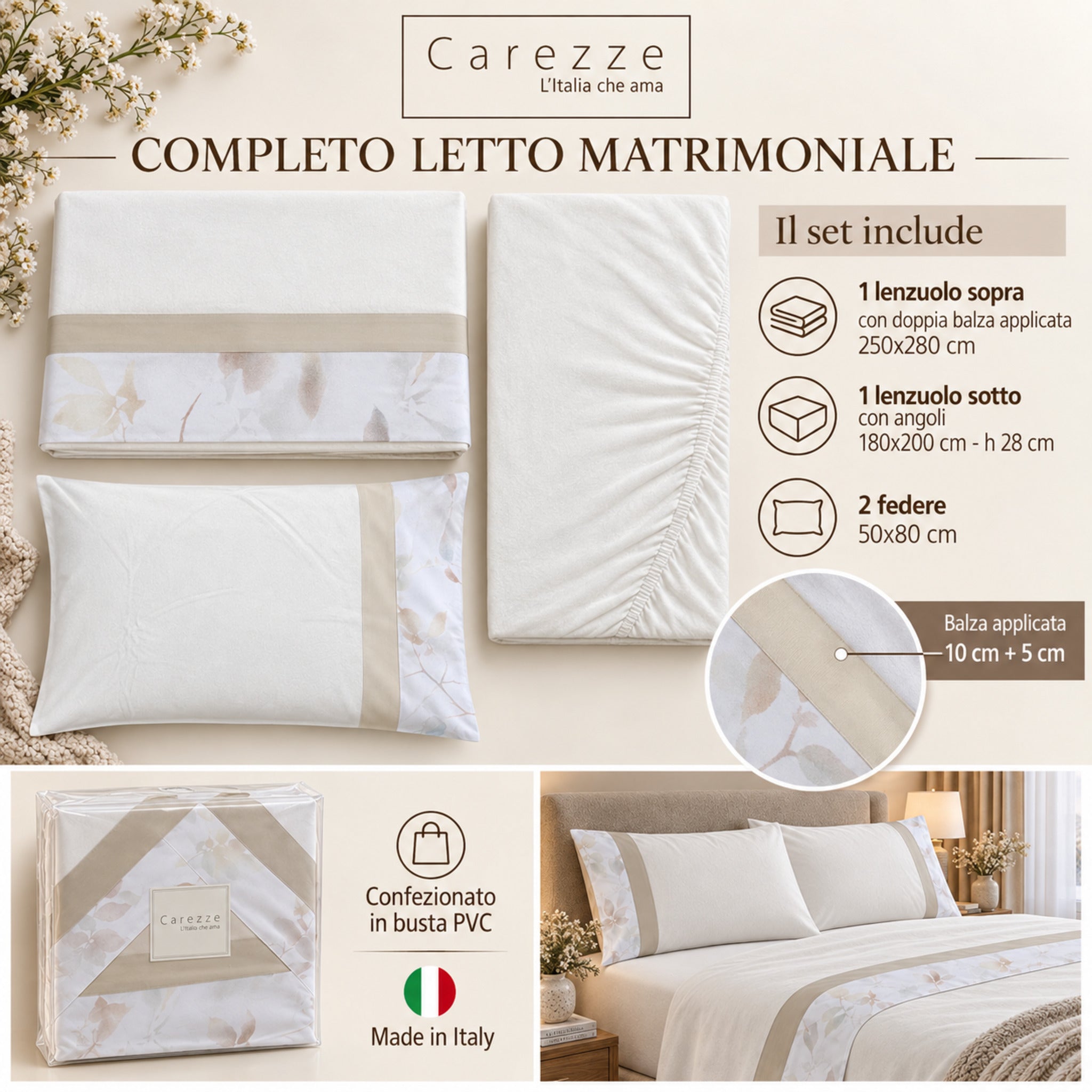 Completo matrimoniale Carezze Wendy Avorio 4 pezzi con lenzuolo sopra 250x280 cm