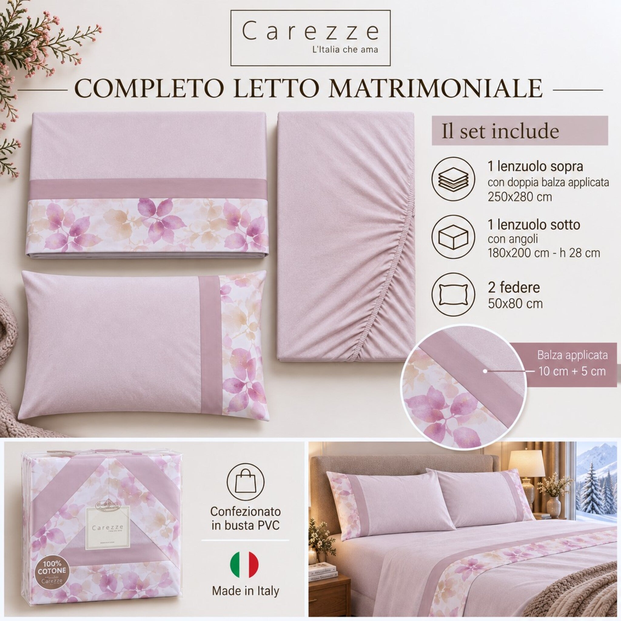 Completo Carezze Wendy Cipria set matrimoniale 4 pezzi Made in Italy