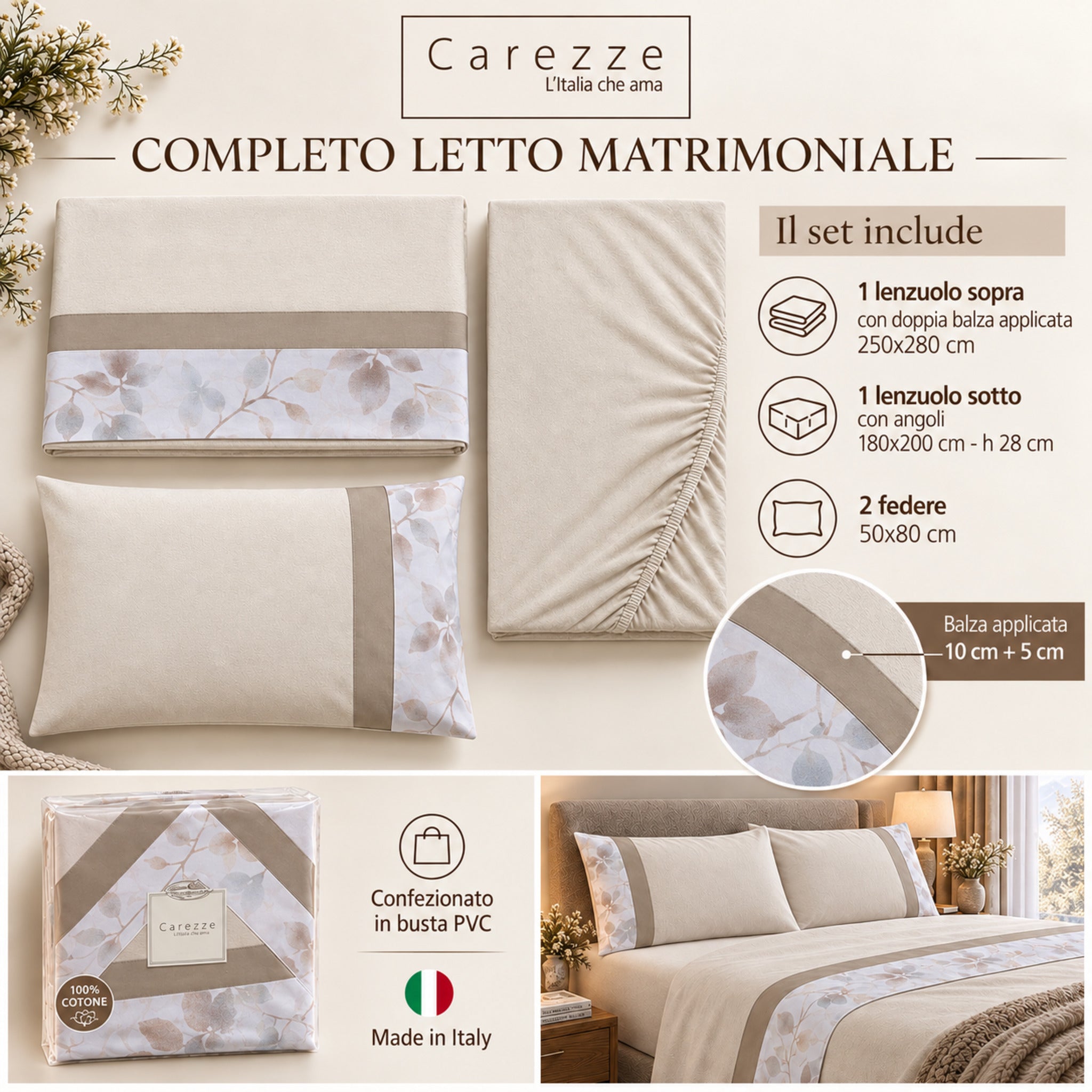 Completo lenzuola matrimoniale Carezze Wendy Ecrù 4 pezzi con angoli h 28 cm
