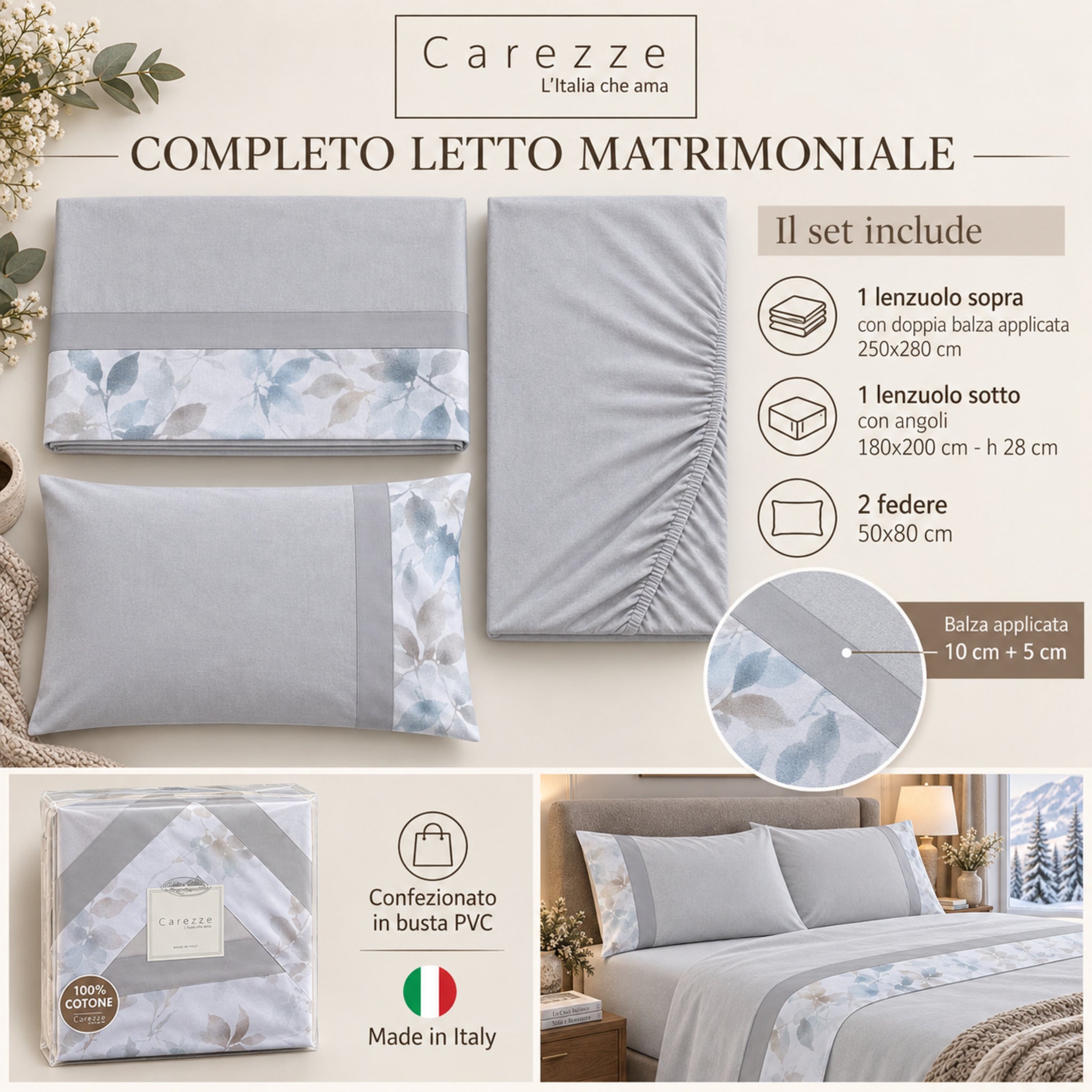 Completo Carezze Wendy Grigio set 4 pezzi con lenzuolo sotto 180x200 cm h 28