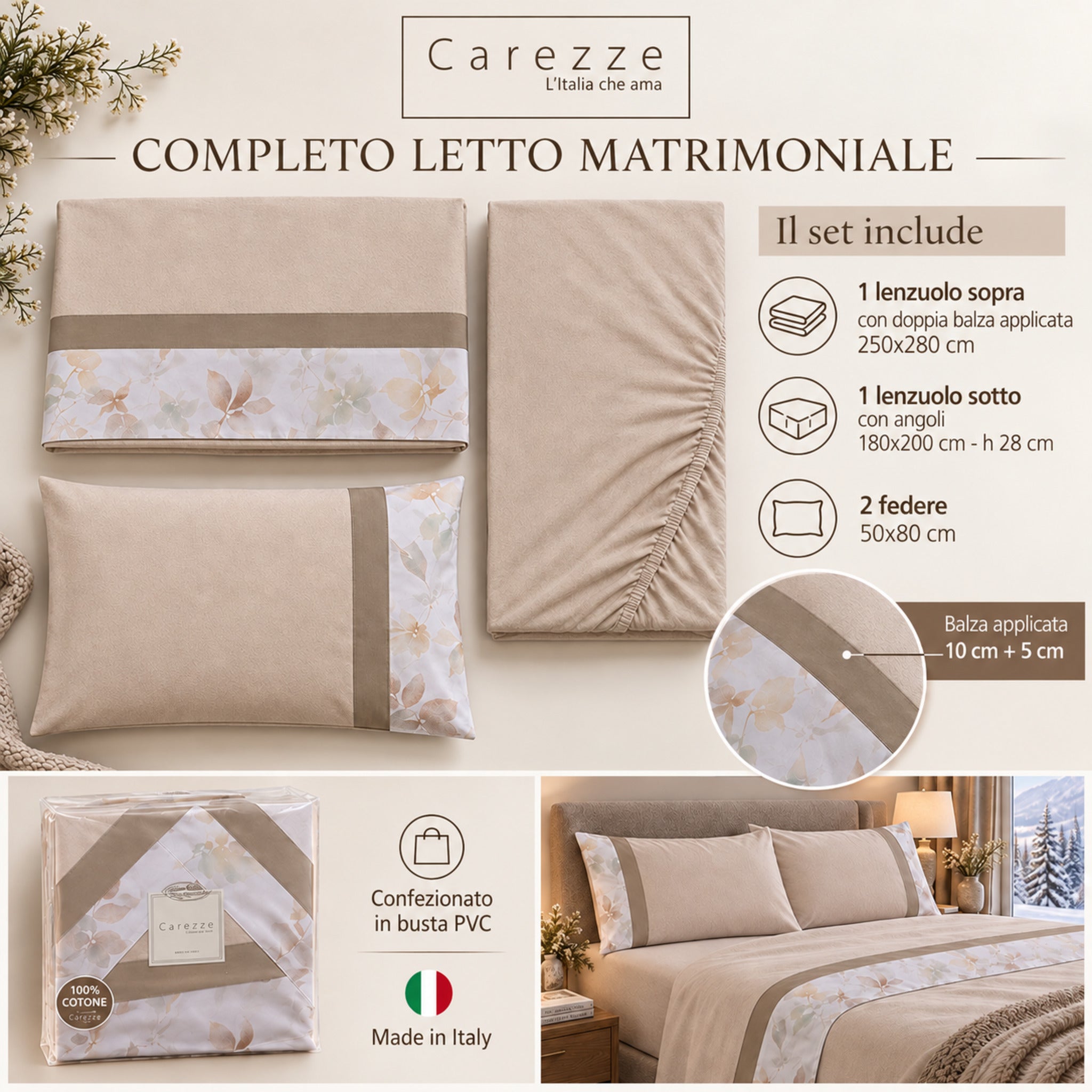 Completo lenzuola Carezze Wendy Sabbia 4 pezzi con lenzuolo 250x280 e 2 federe
