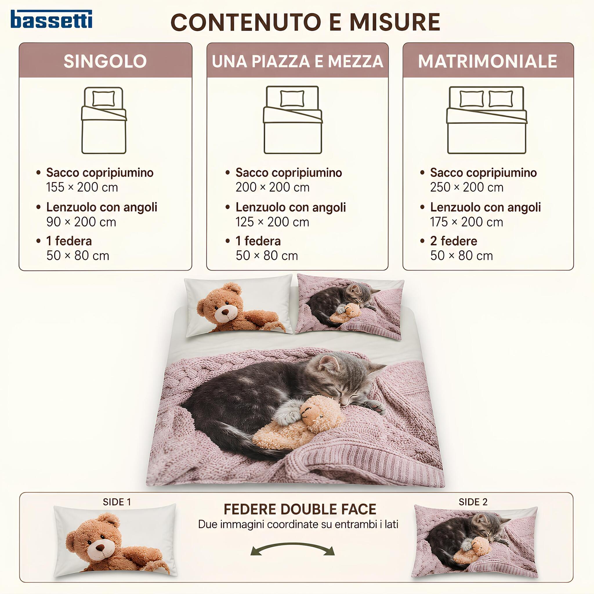 Misure del completo Bassetti Peluche singolo piazza e mezza e matrimoniale