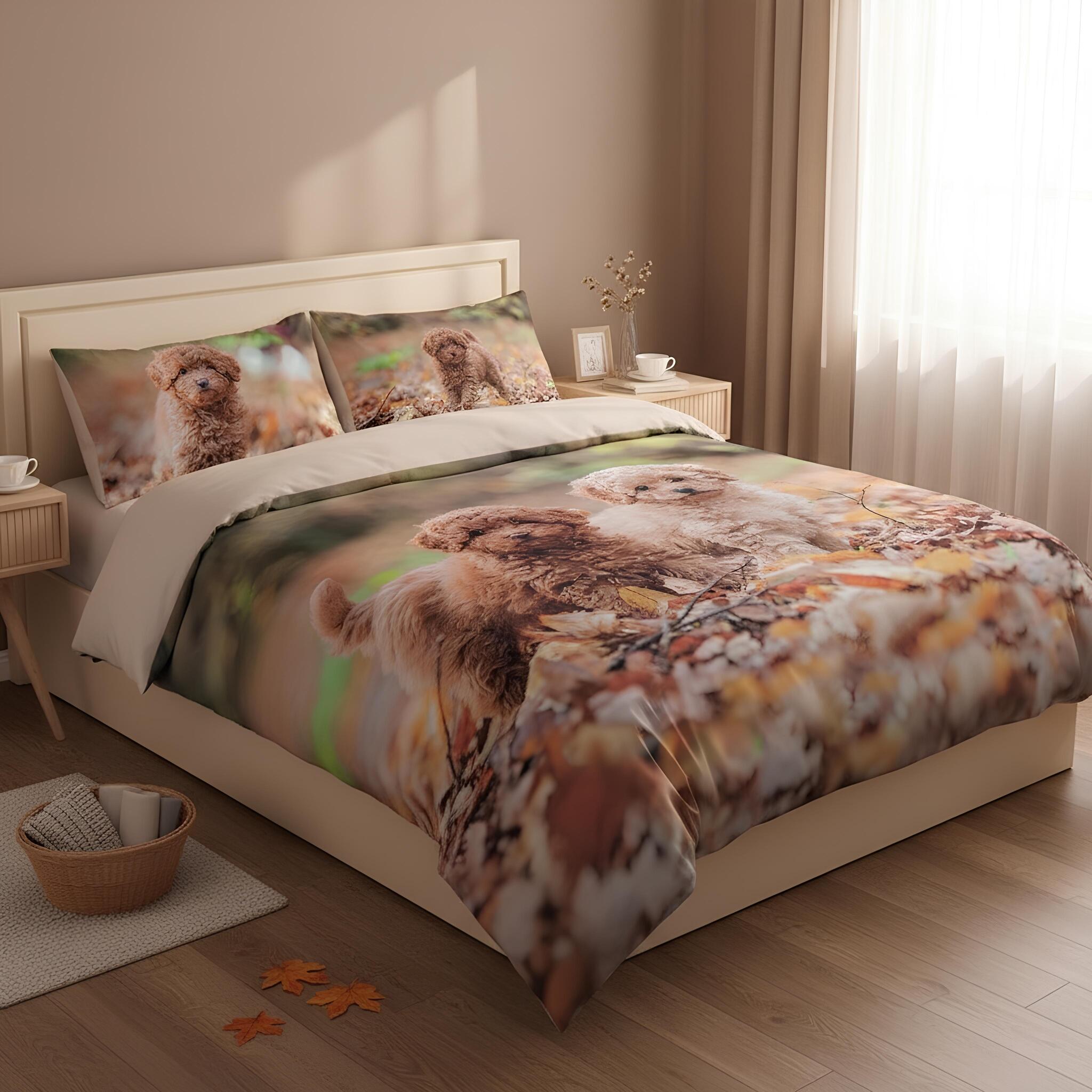 Completo copripiumino Bassetti Toys con cuccioli ambientato su letto matrimoniale