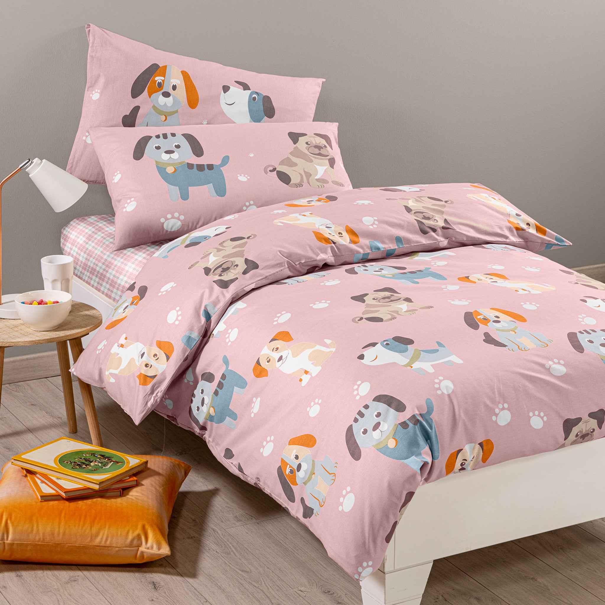Completo copripiumino singolo Caleffi Cuccioli rosa in cotone con fantasia cagnolini colorati