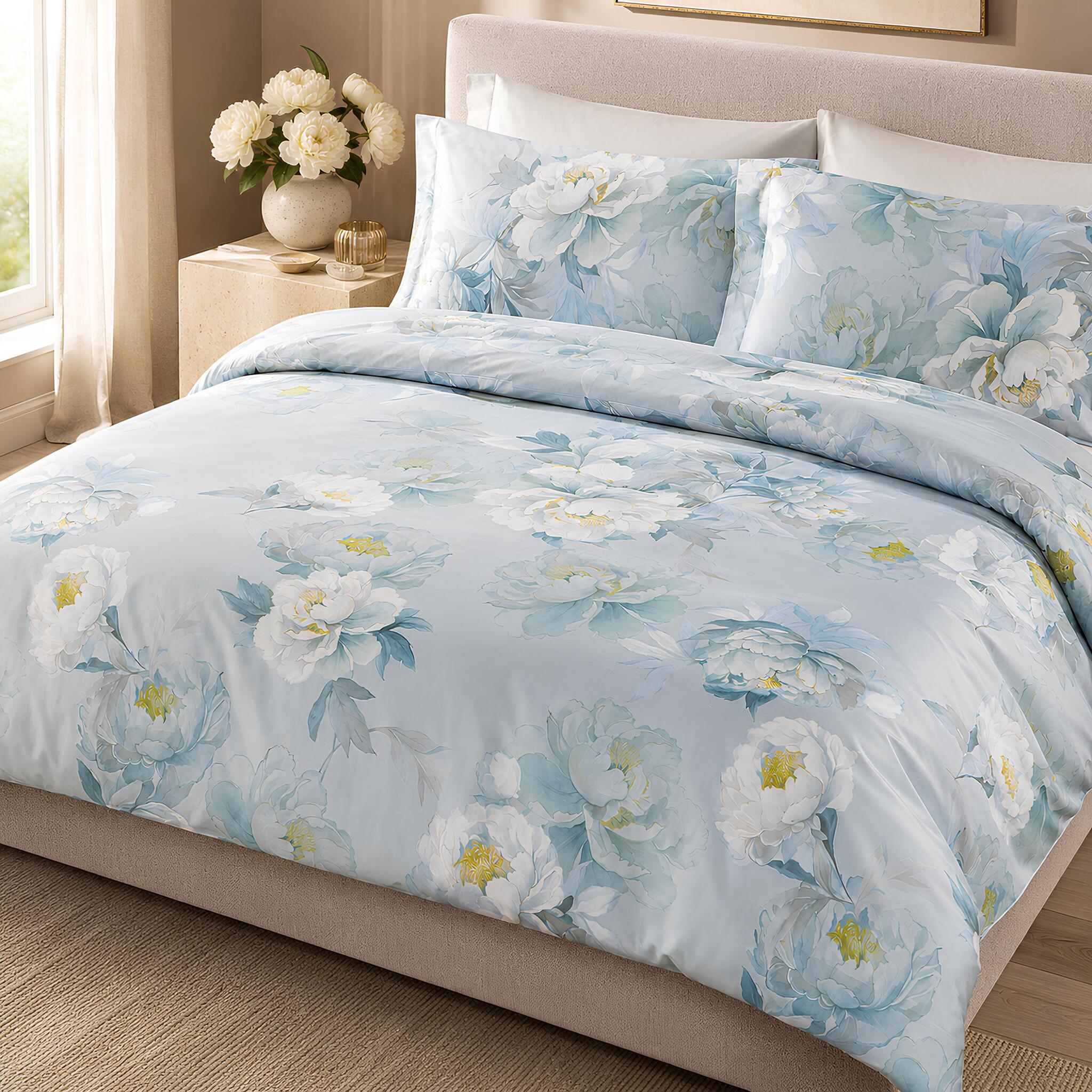 Completo copripiumino matrimoniale Caleffi Eloise in 100% raso di cotone acquamarina con fantasia floreale a peonie