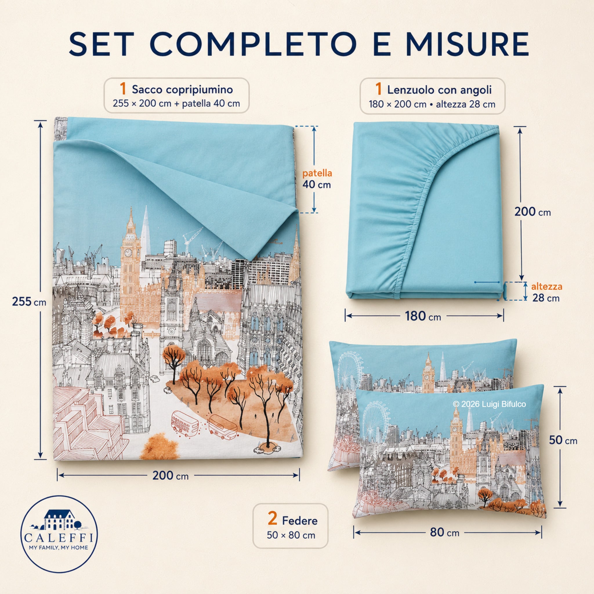 Misure del completo Caleffi London con sacco 255x200 cm, lenzuolo e due federe