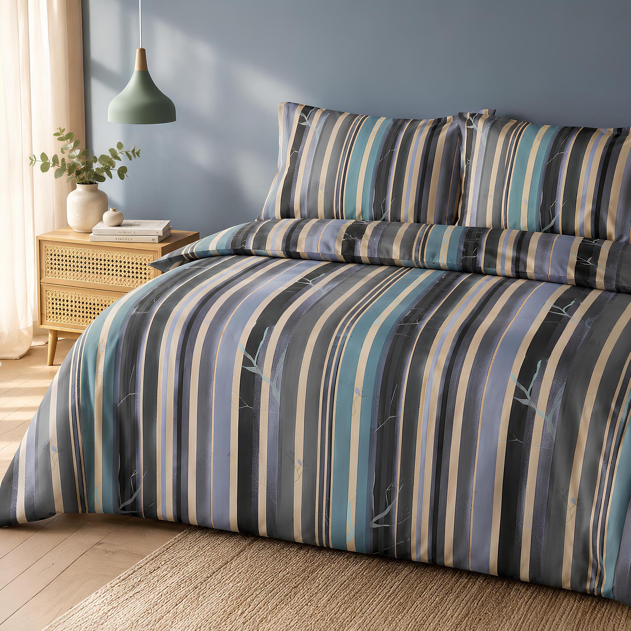 Completo copripiumino matrimoniale Bassetti Grove blu in 100% puro cotone ambientato su letto matrimoniale
